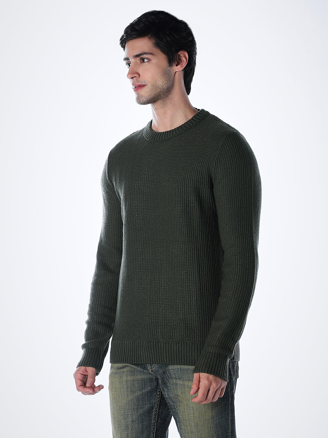 Green Cotton Flat Knit Pullover