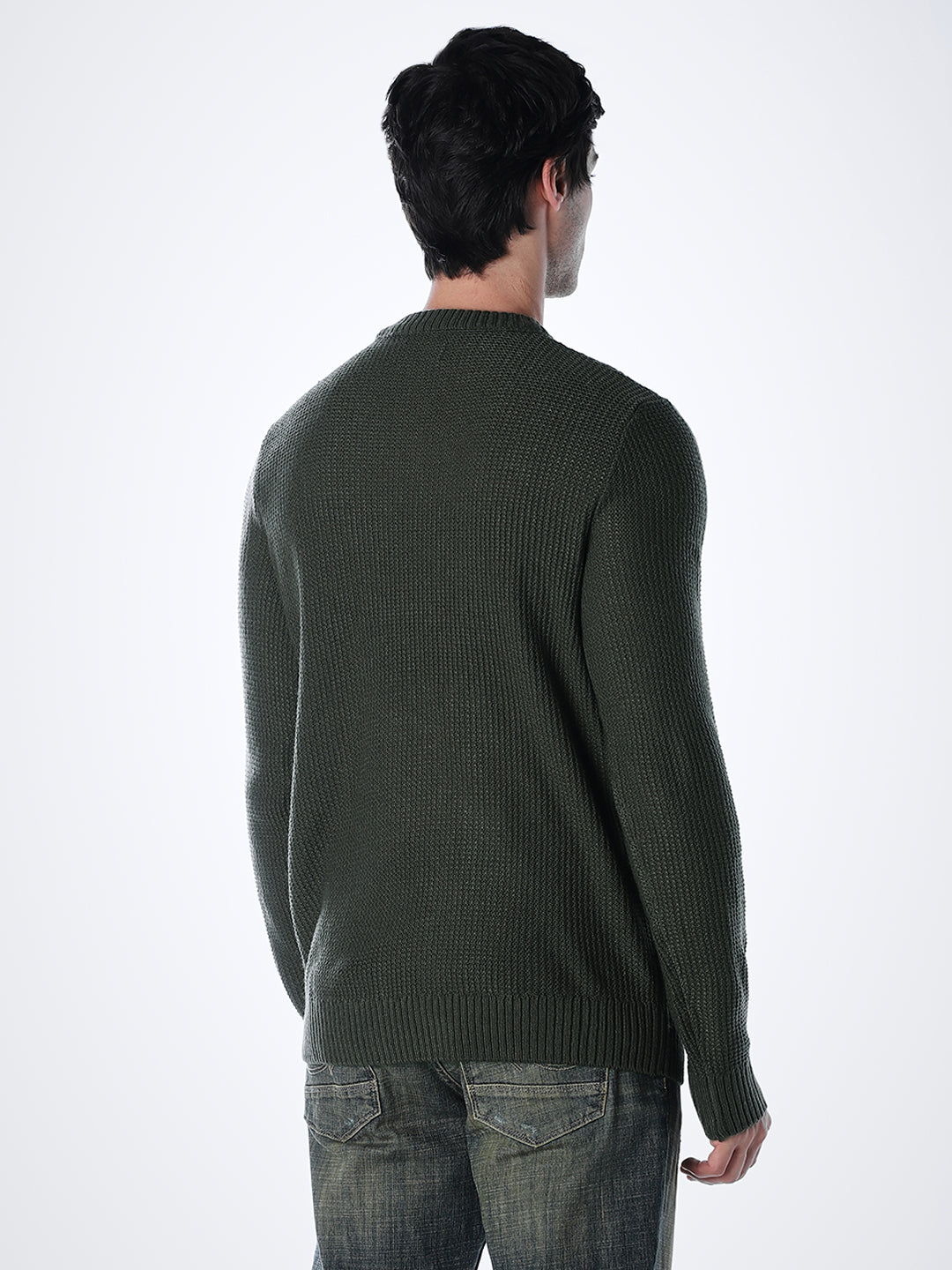 Green Cotton Flat Knit Pullover