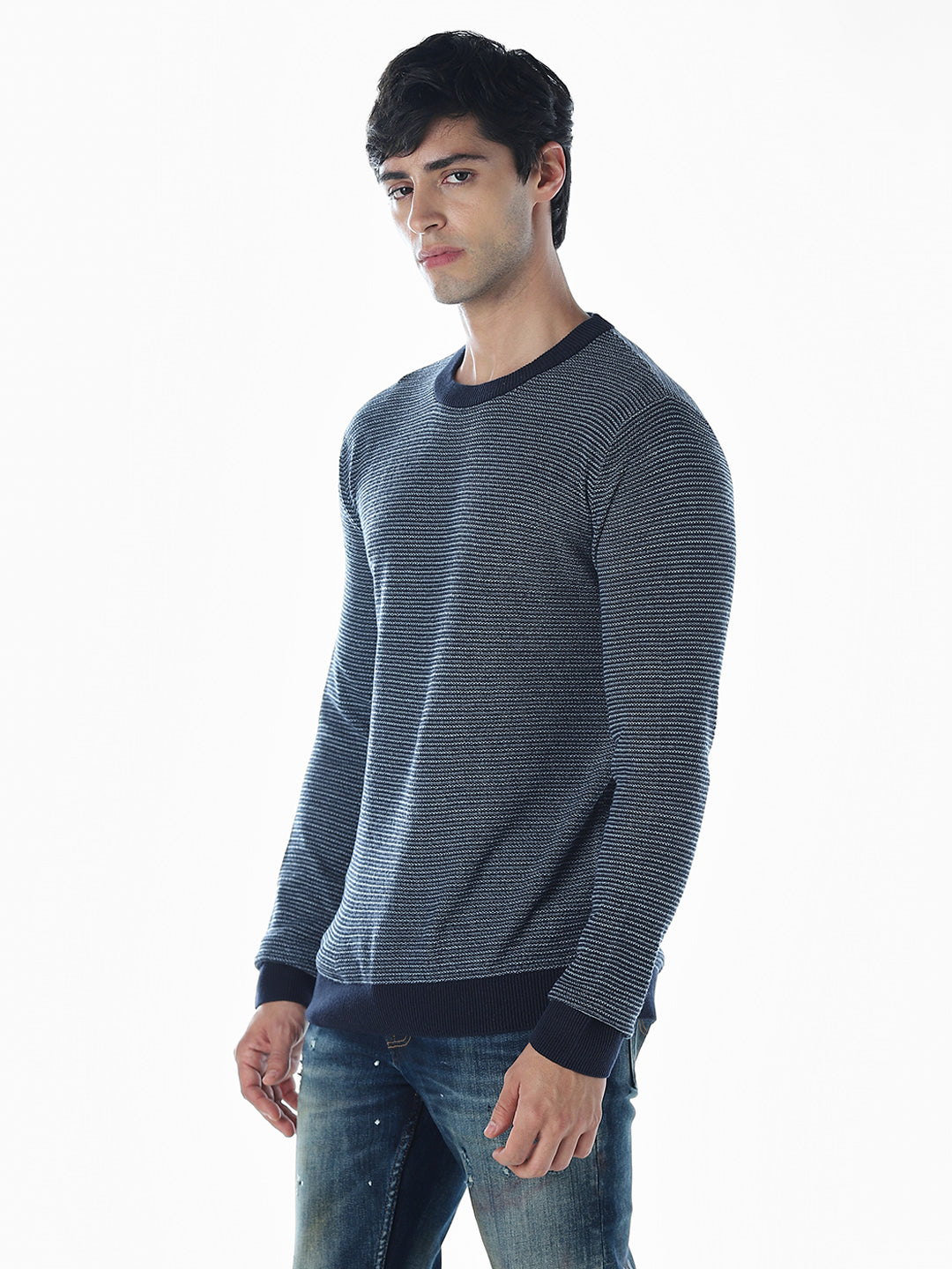 Striped Flat Knit Cotton Pullover