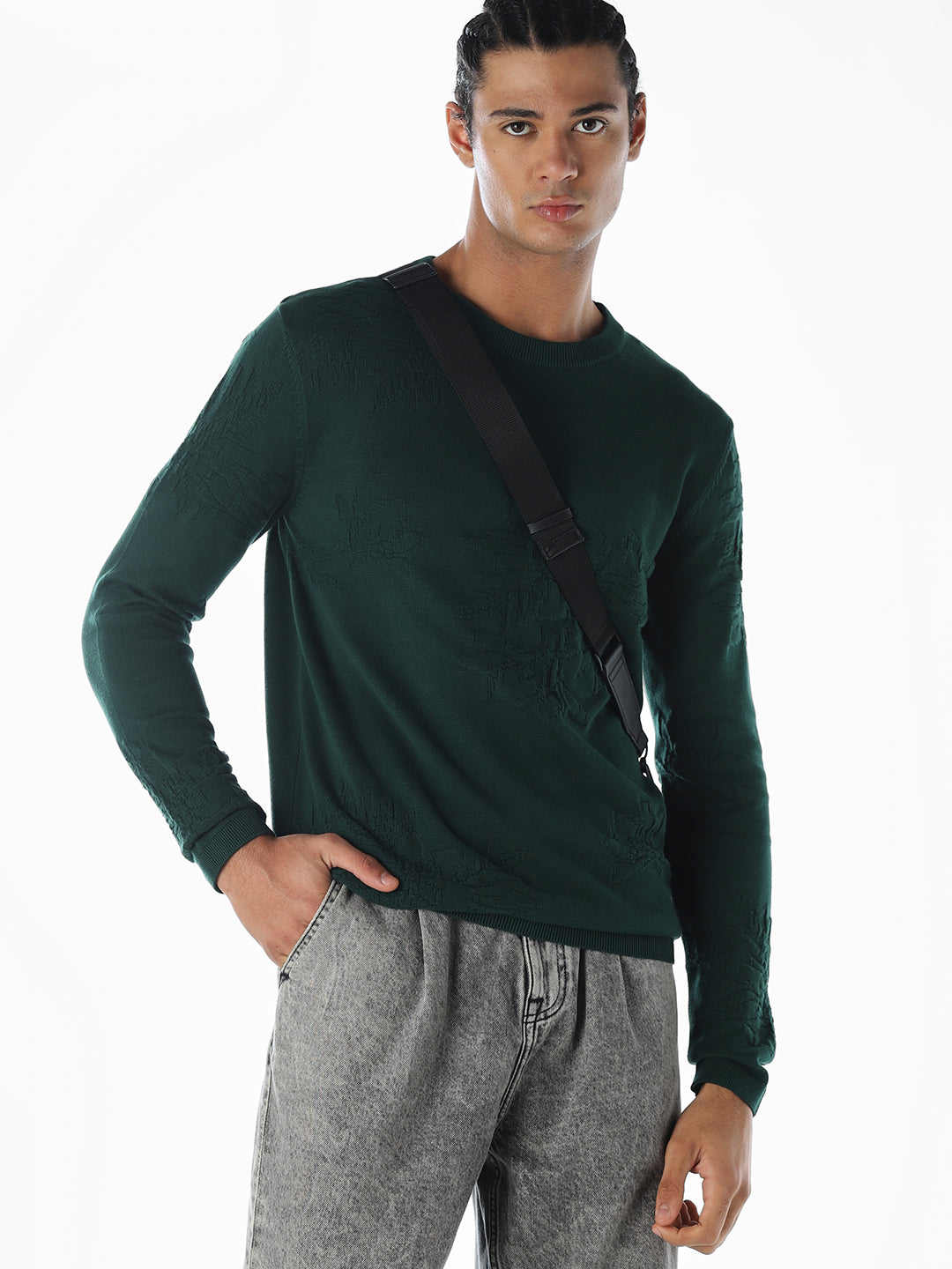 Printed Flat Knit Oversized Pullover - Green - S