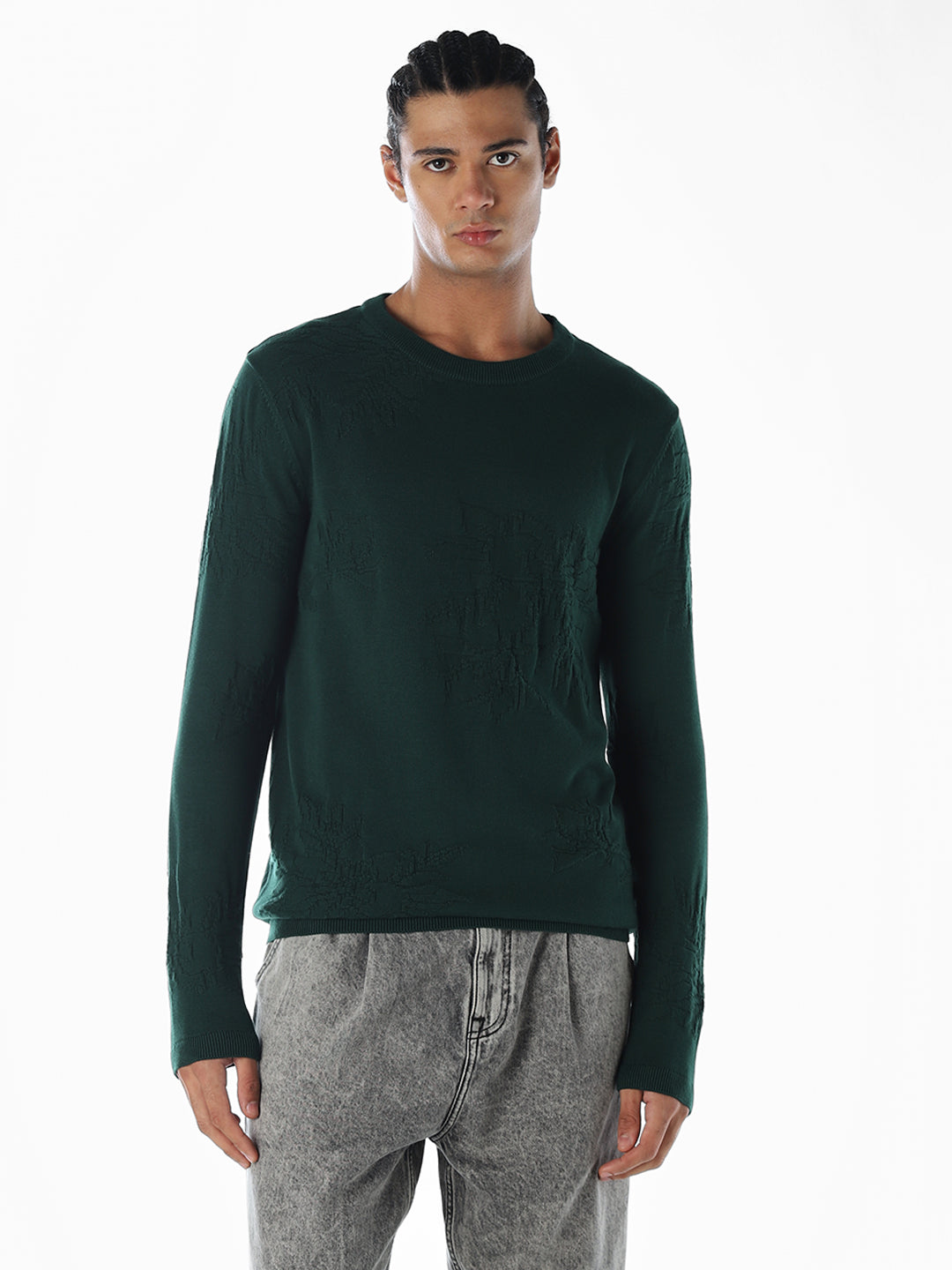 Printed Flat Knit Oversized Pullover - Green