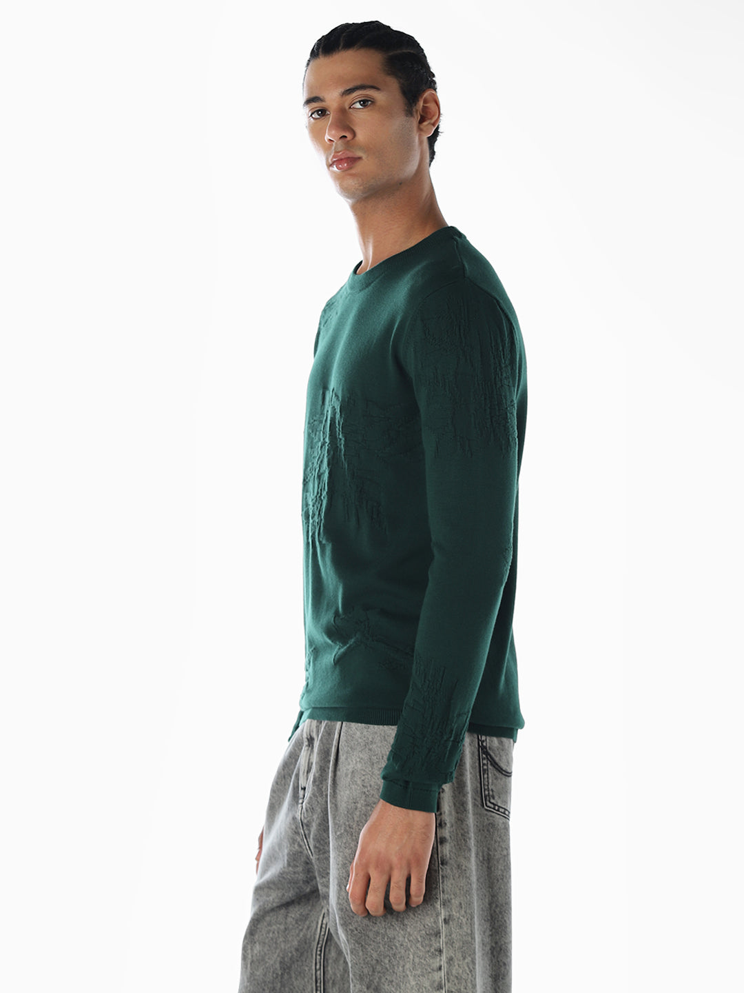 Printed Flat Knit Oversized Pullover - Green