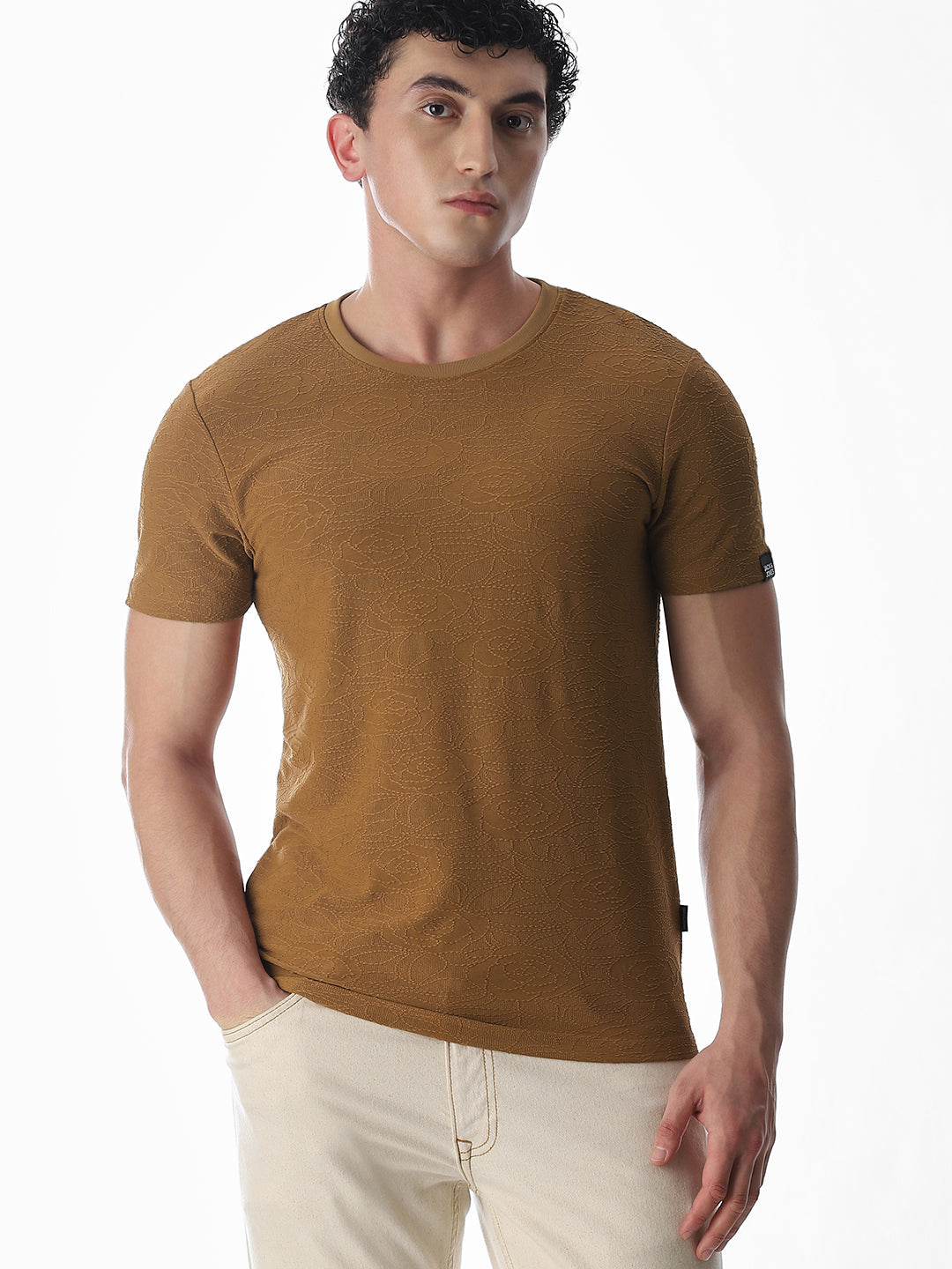 Cut & Sew Jacquard T-shirt - Brown
