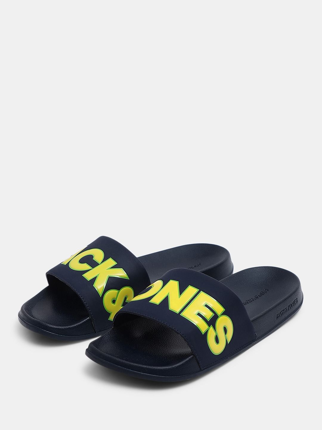 Navy Blue Contrast Logo PU Pool Sliders