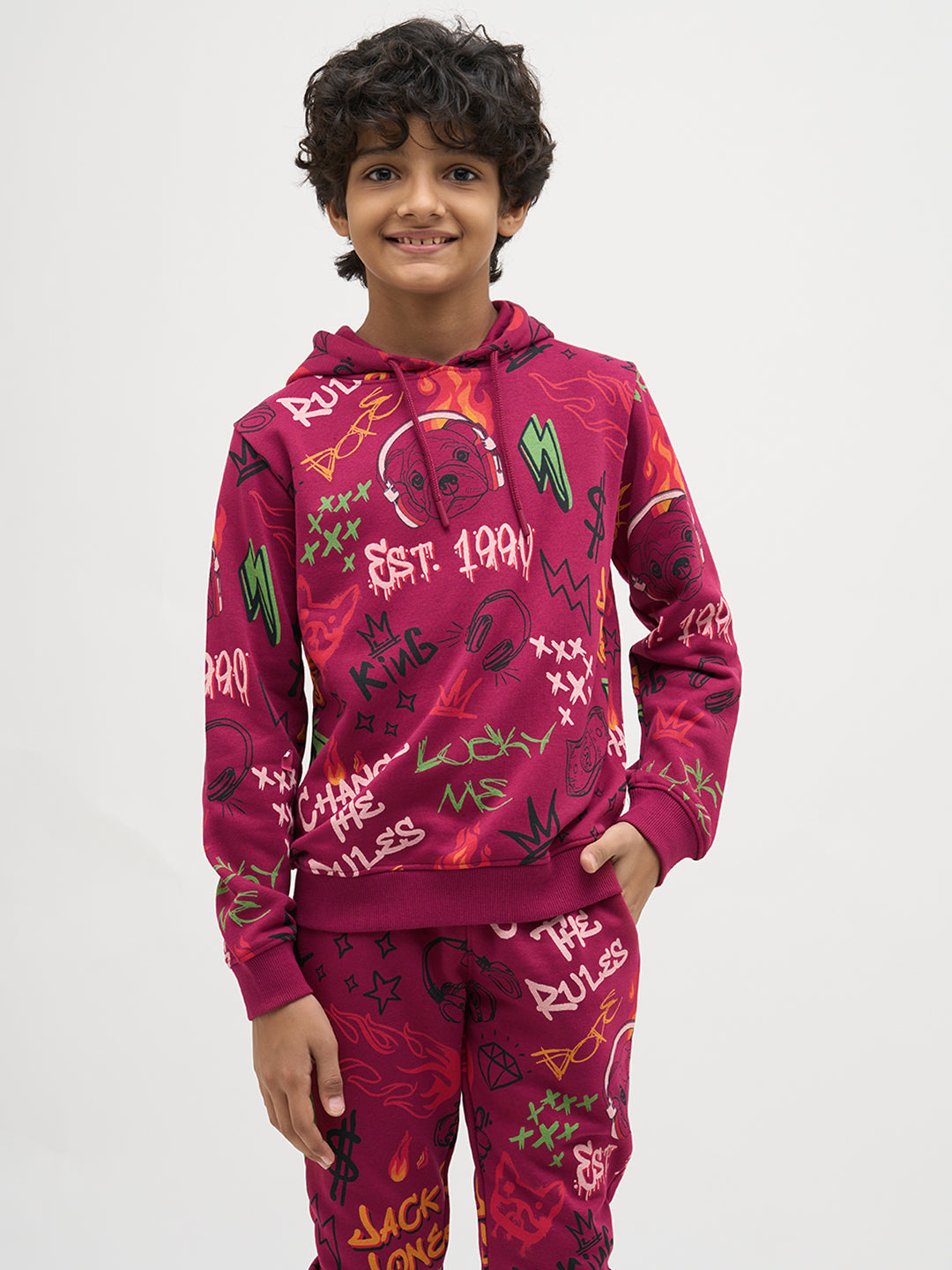Boys Magenta Printed Hoodie