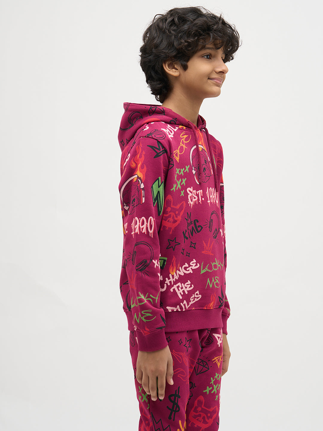 Boys Magenta Printed Hoodie