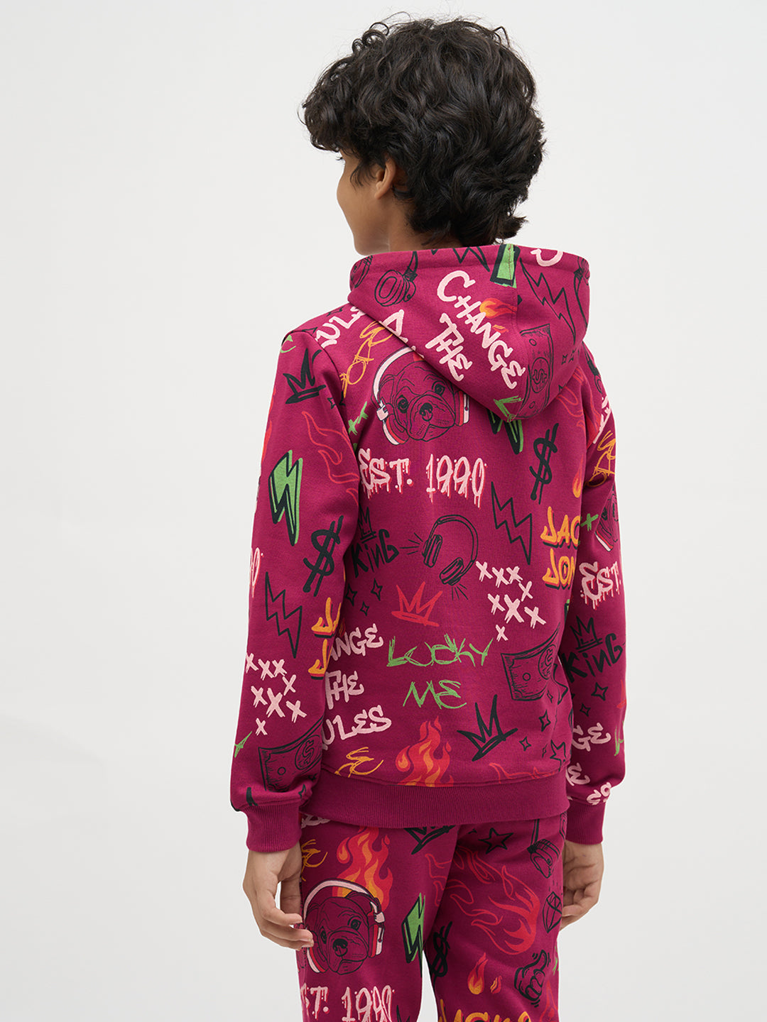 Boys Magenta Printed Hoodie