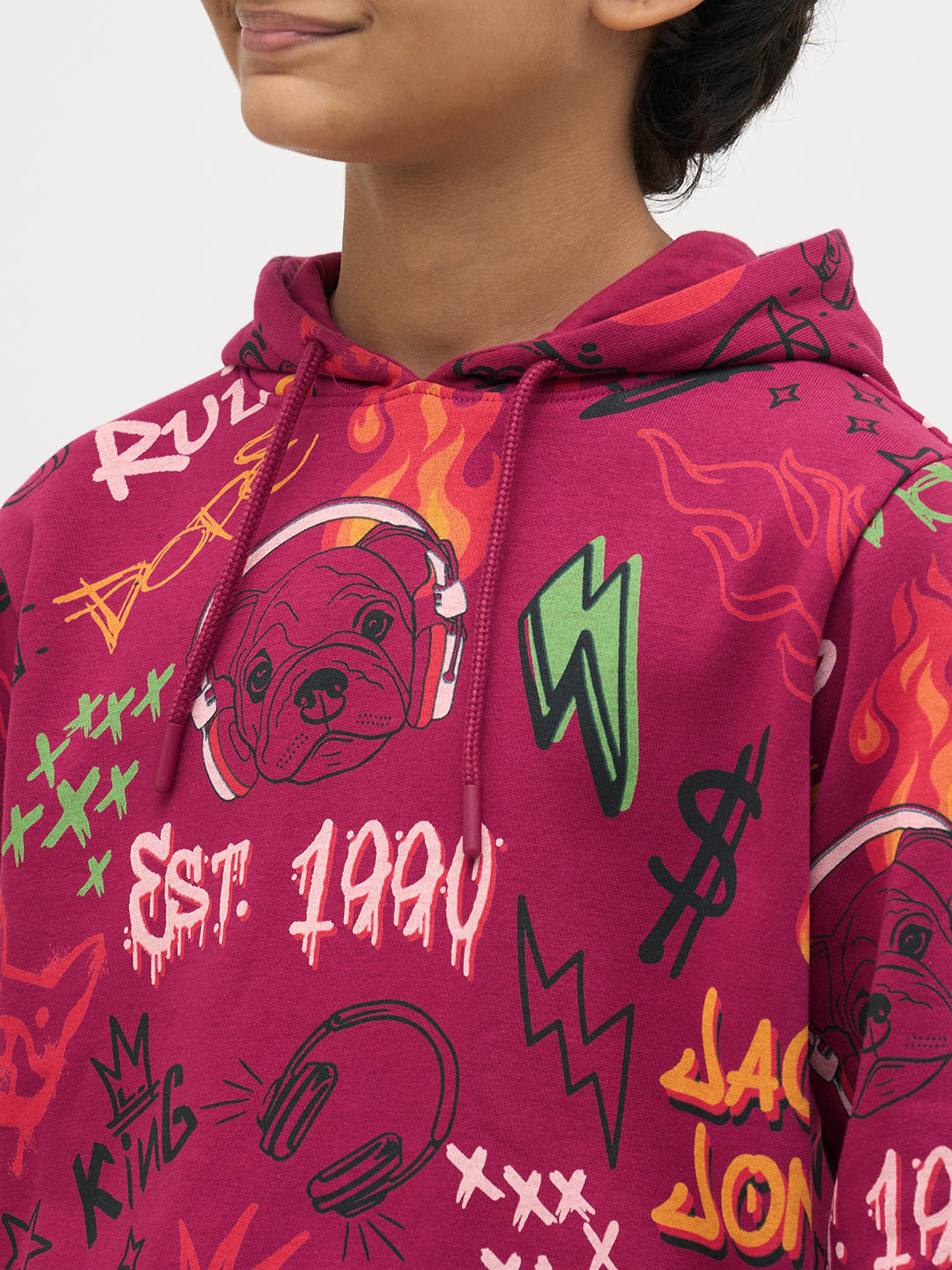 Boys Magenta Printed Hoodie