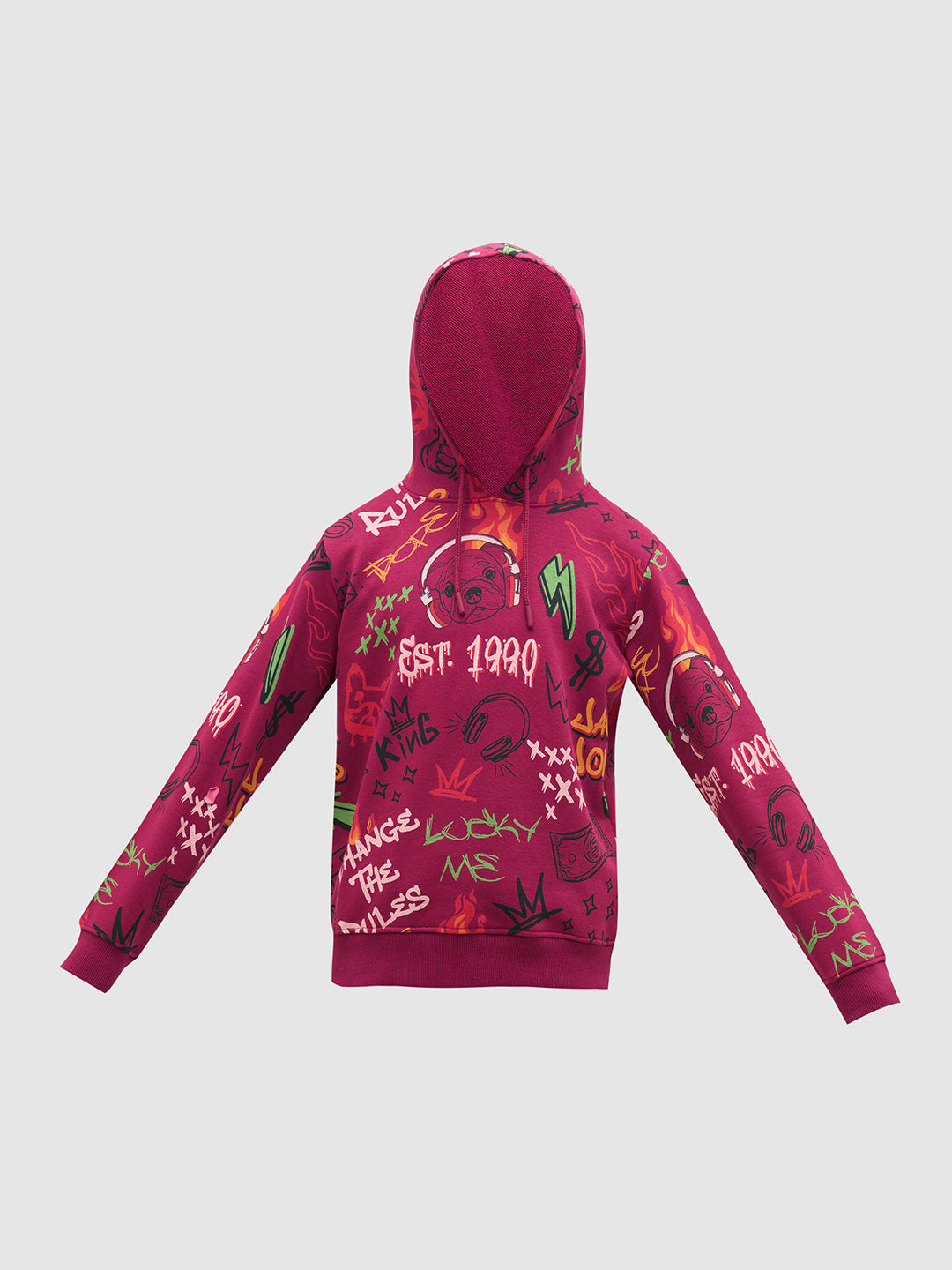 Boys Magenta Printed Hoodie