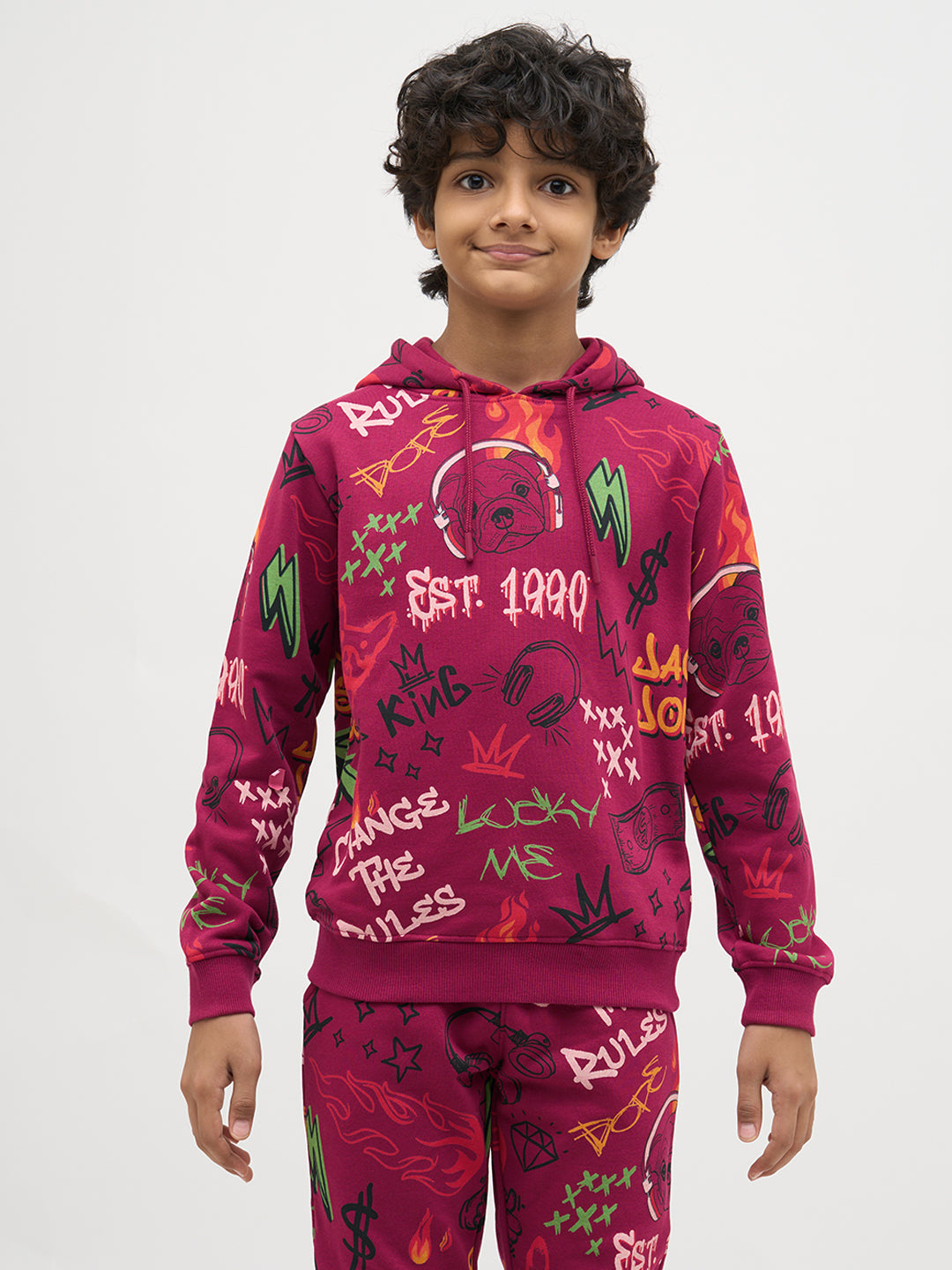 Boys Magenta Printed Hoodie