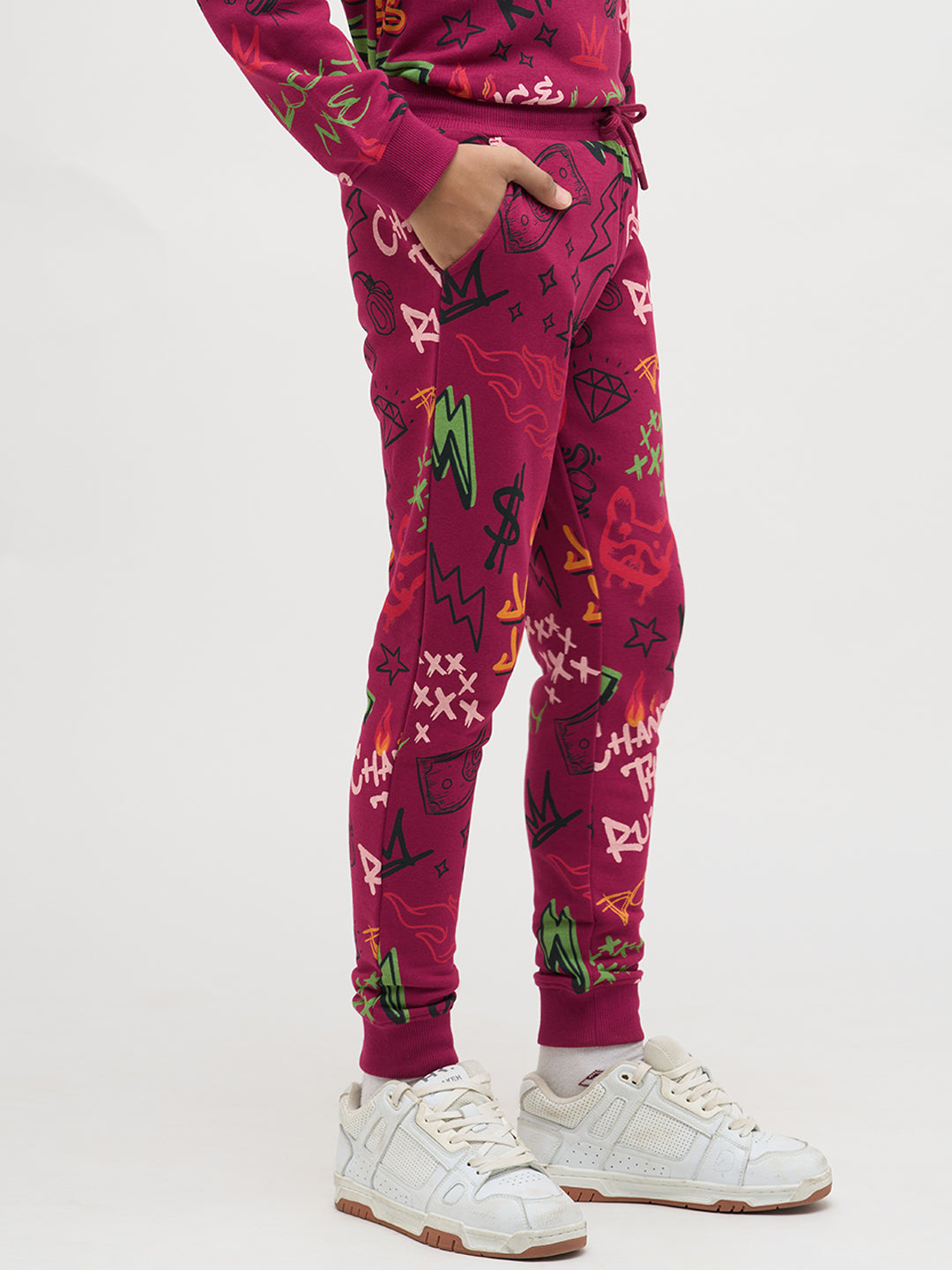 Boys Magenta Printed Sweatpants