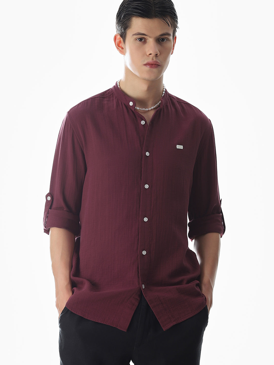 Double Cloth Cotton Shirt - Maroon - XXL