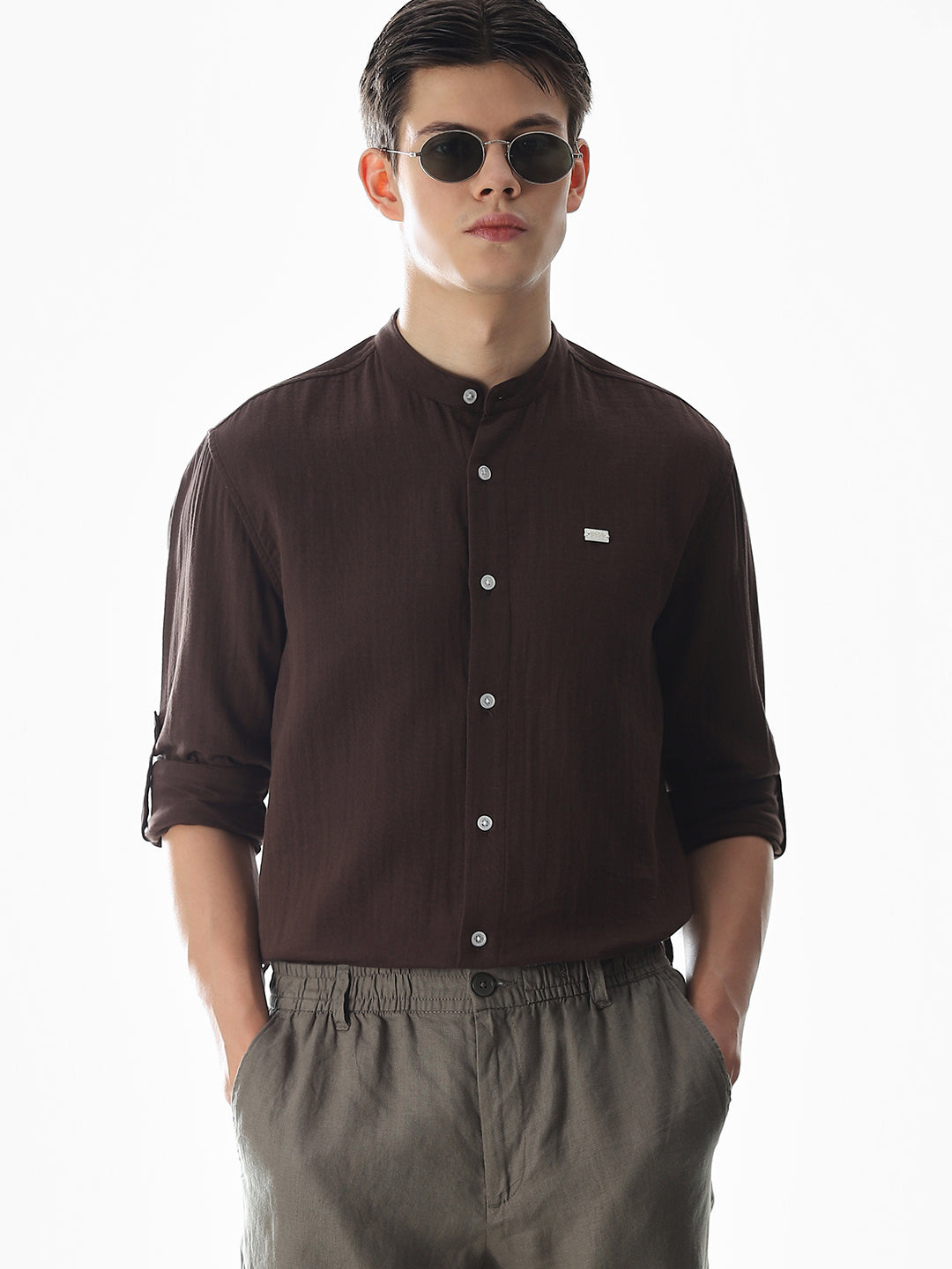 Double Cloth Cotton Shirt - Dark Brown - XXL
