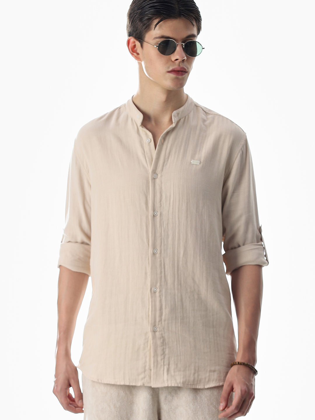 Double Cloth Cotton Shirt - Light Brown - S