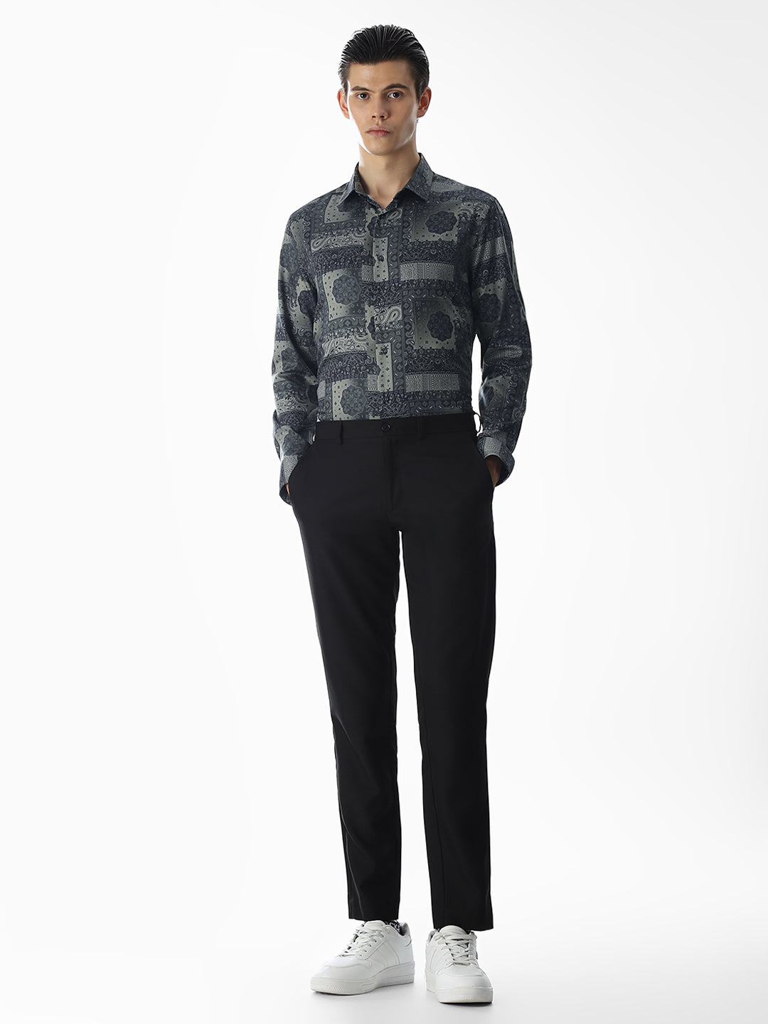 Printed Olive Green Slim Fit Shirt