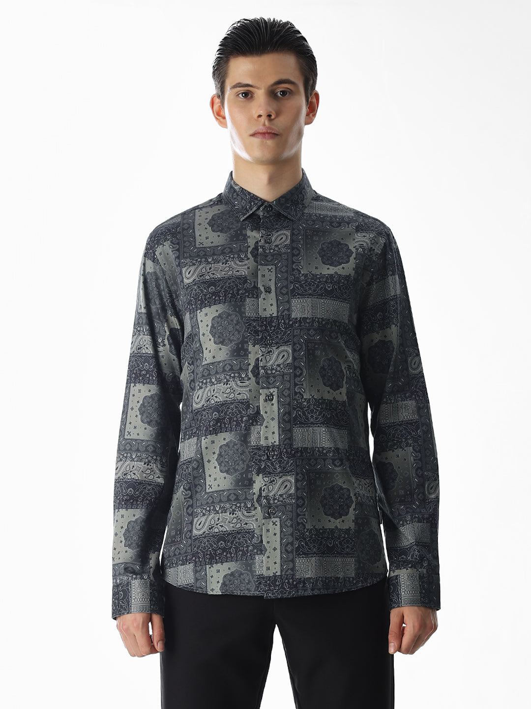 Printed Olive Green Slim Fit Shirt