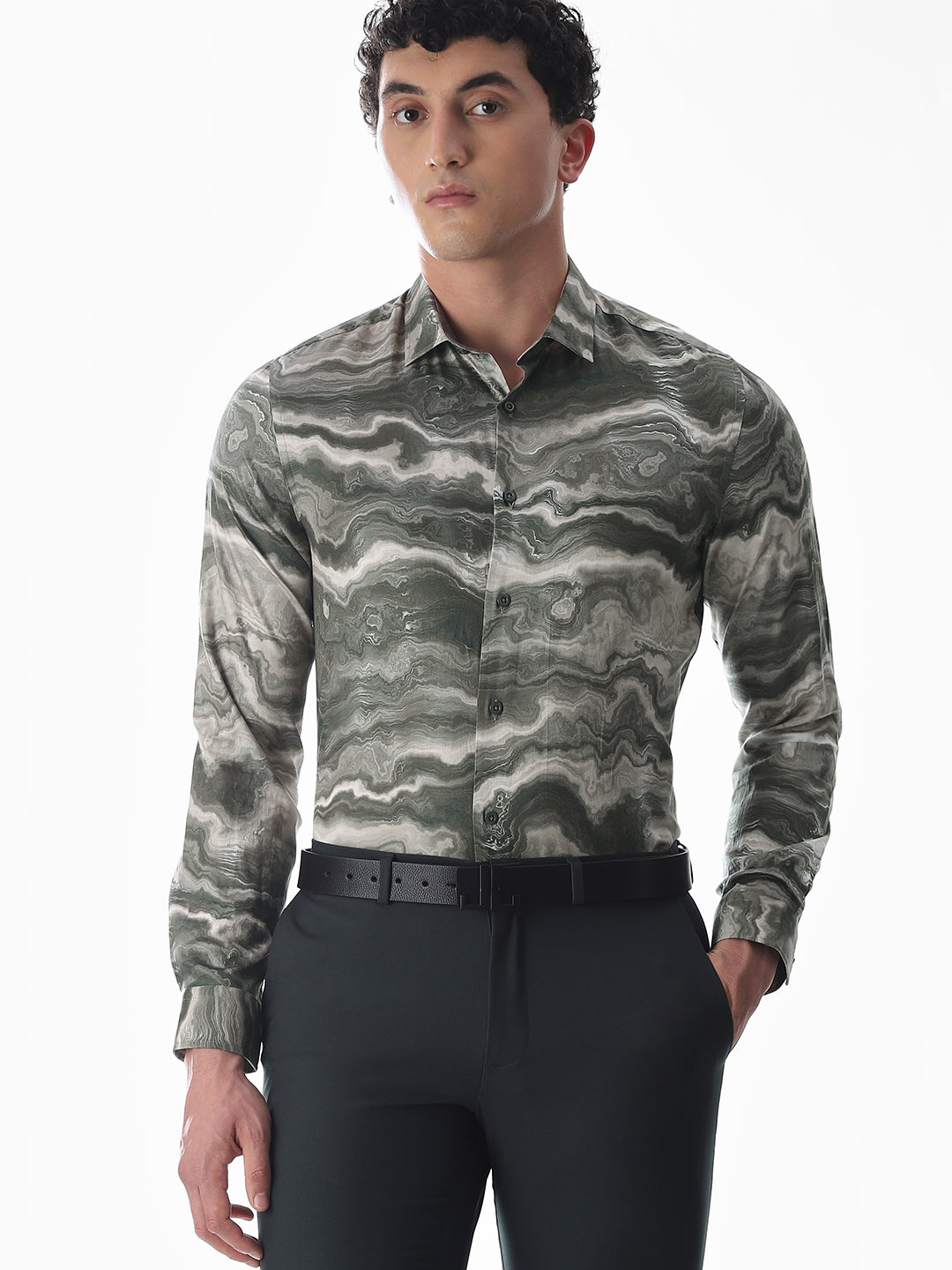 Abstract Print Dark Green Slim Fit Shirt