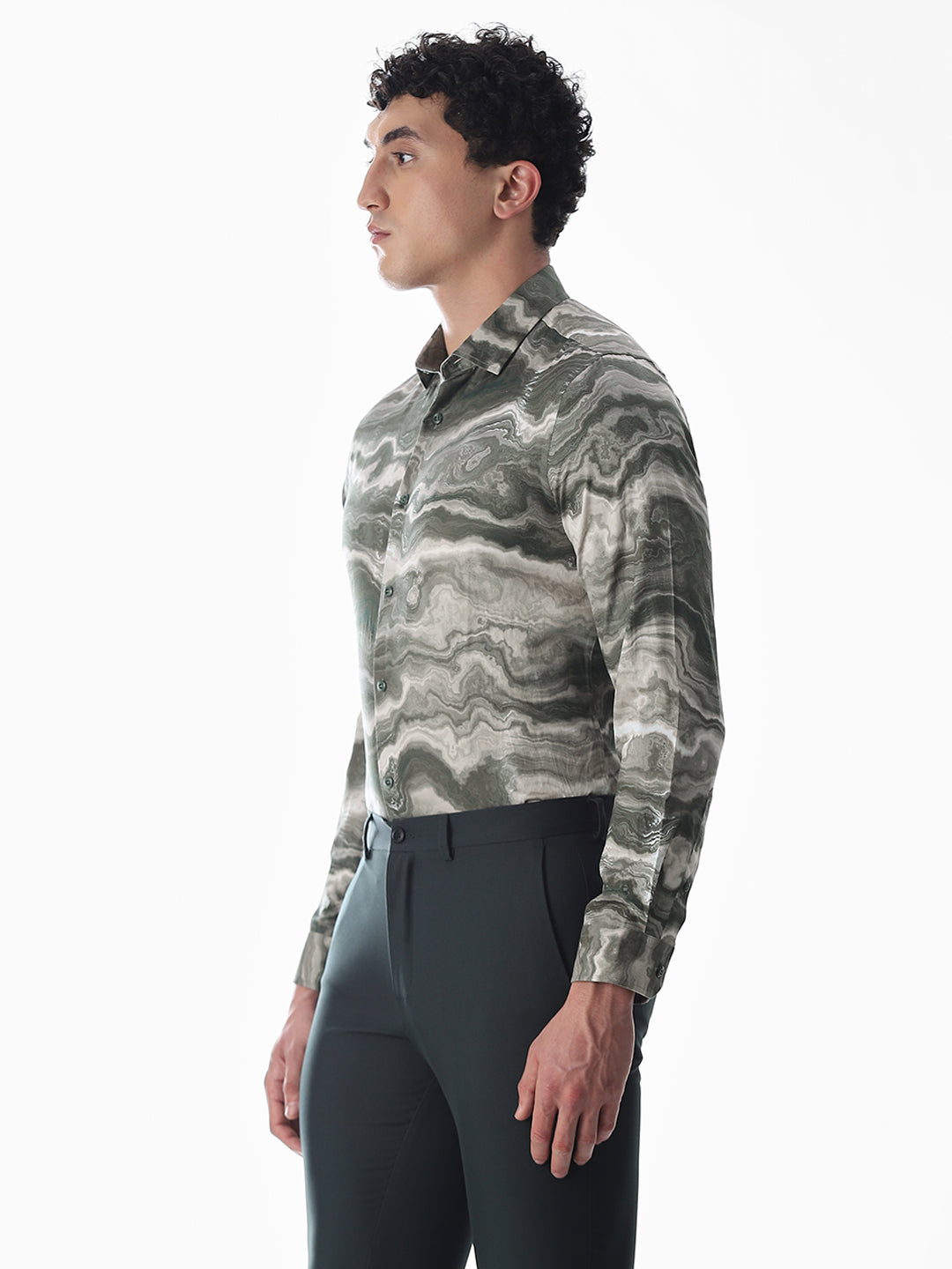 Abstract Print Dark Green Slim Fit Shirt