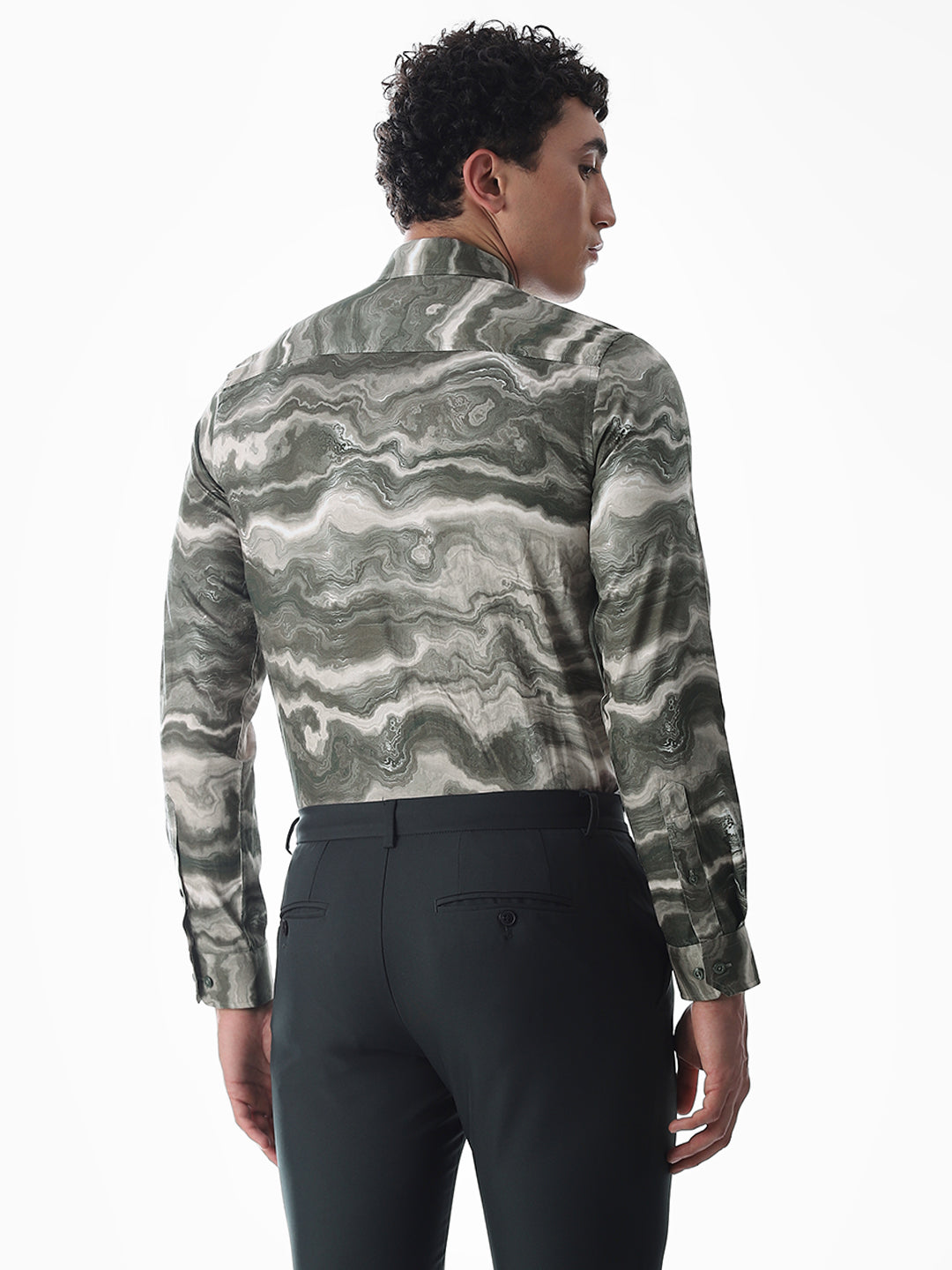Abstract Print Dark Green Slim Fit Shirt