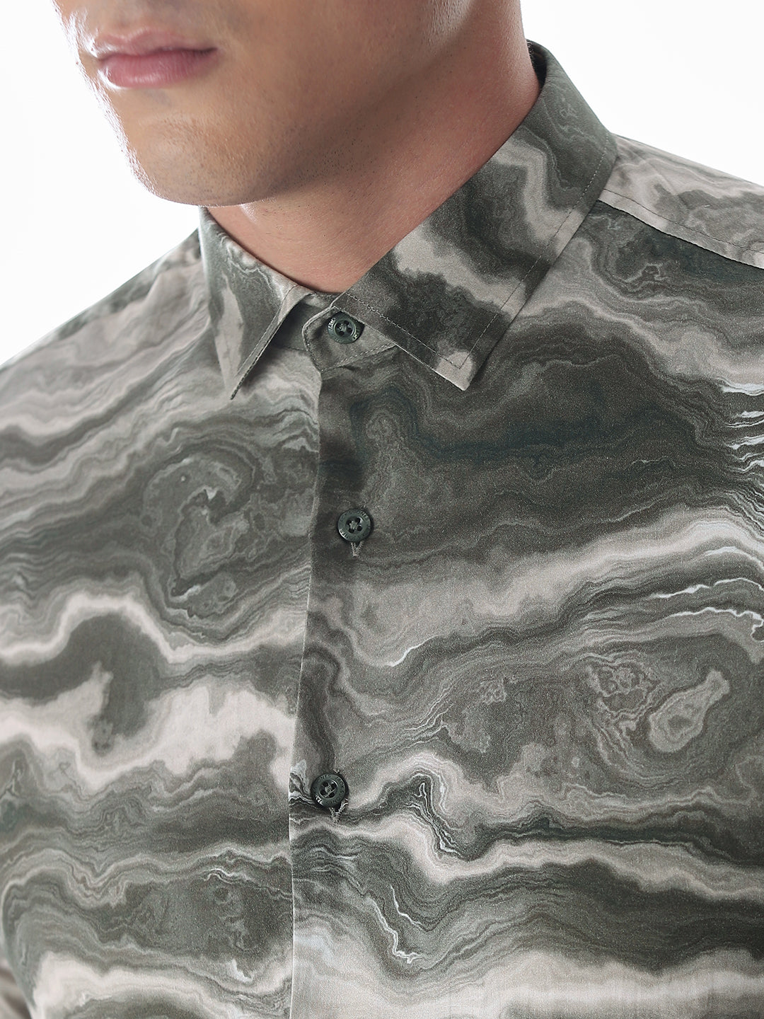 Abstract Print Dark Green Slim Fit Shirt