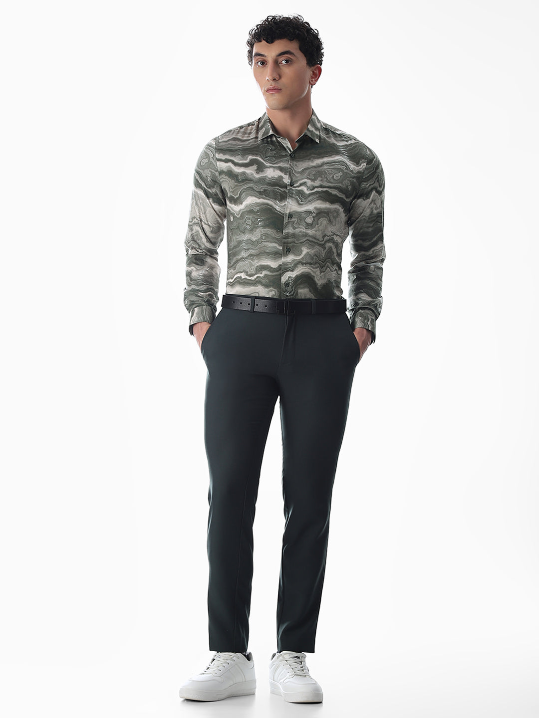 Abstract Print Dark Green Slim Fit Shirt
