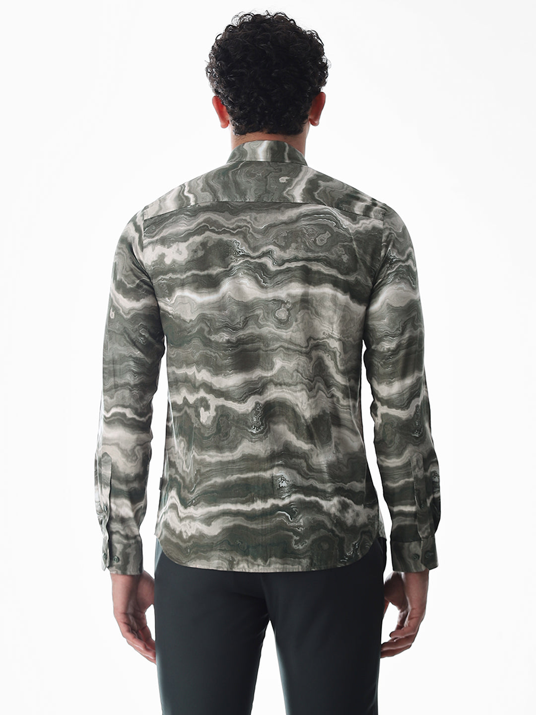 Abstract Print Dark Green Slim Fit Shirt