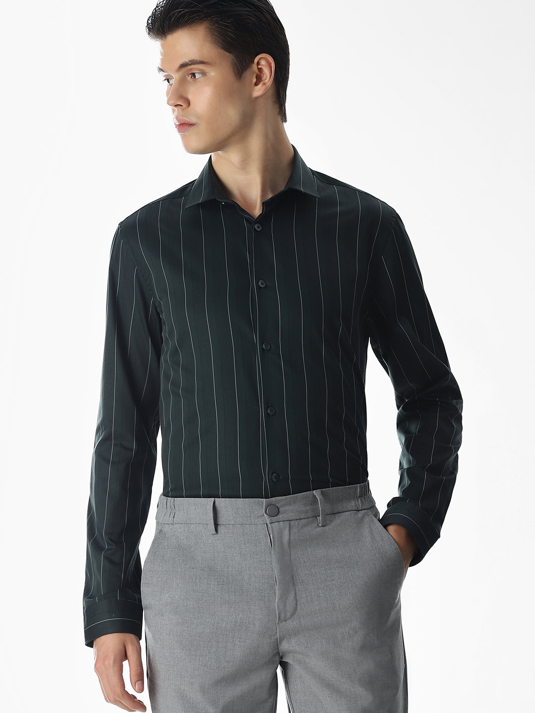 Dark Green Striped Cotton Shirt