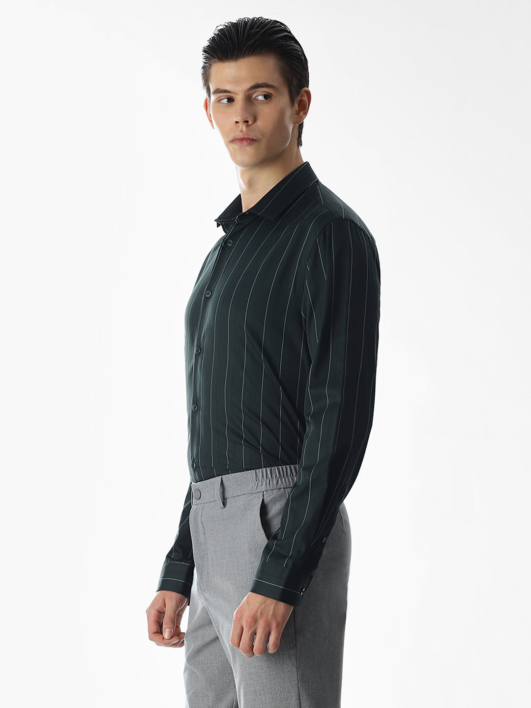 Dark Green Striped Cotton Shirt