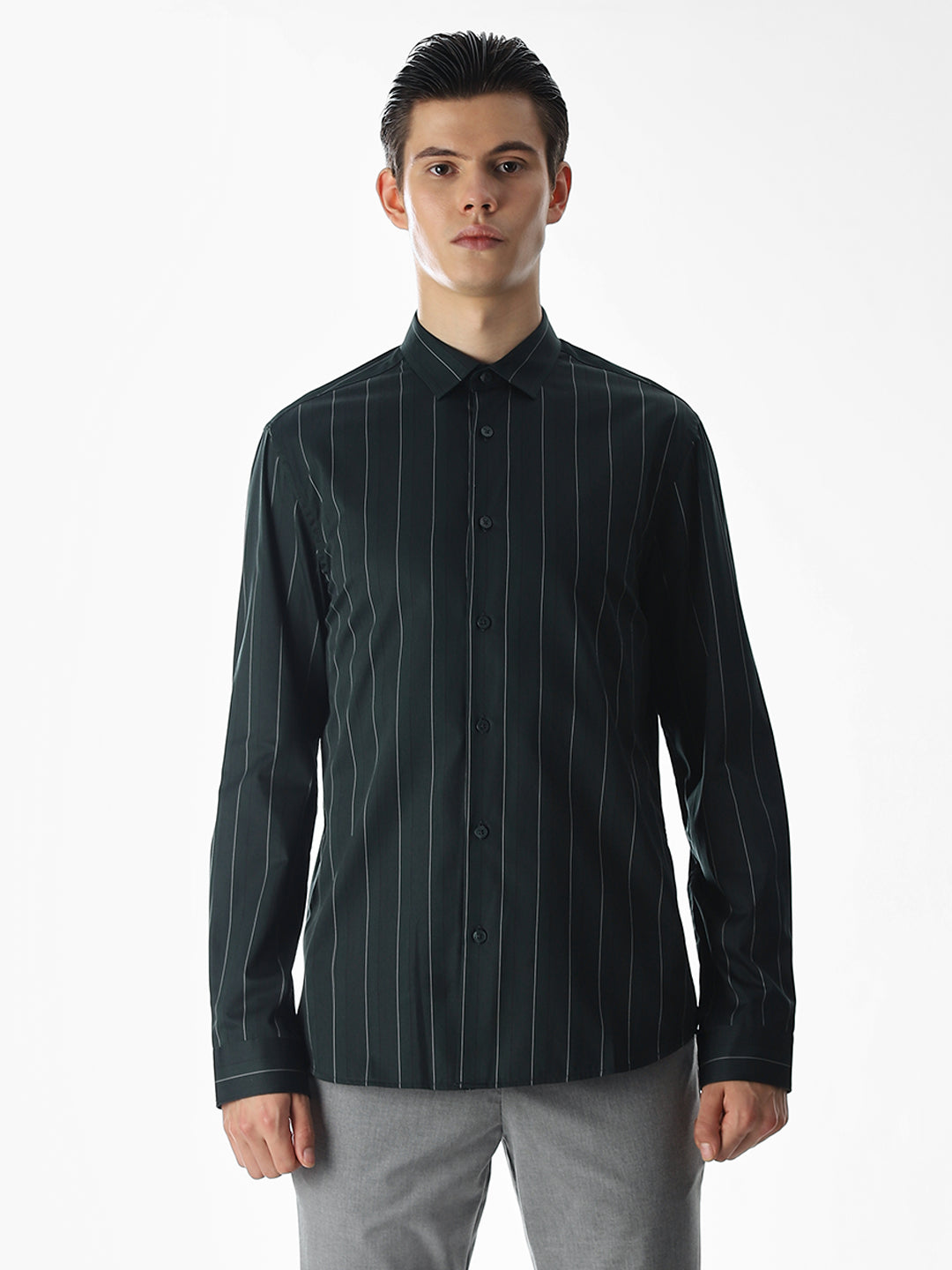 Dark Green Striped Cotton Shirt