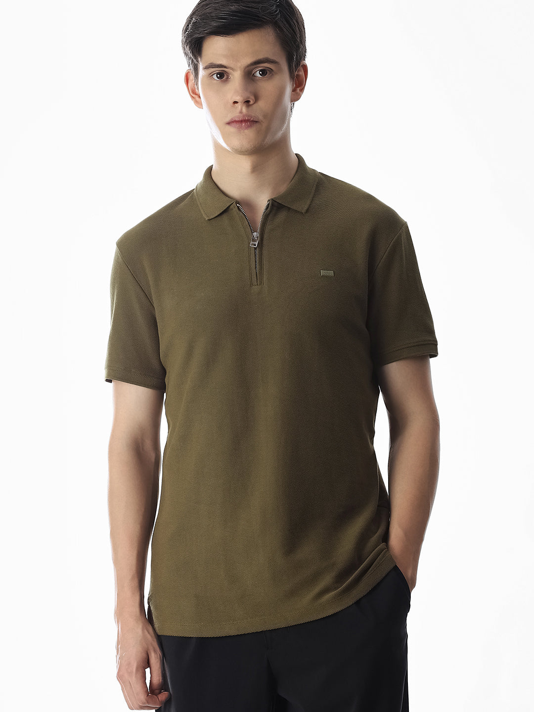 Zipper Detail Cotton Polo - Olive