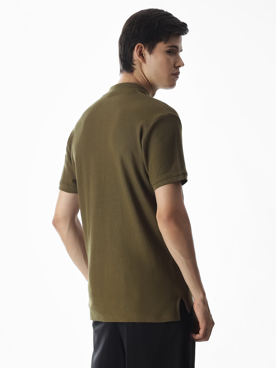 Zipper Detail Cotton Polo - Olive
