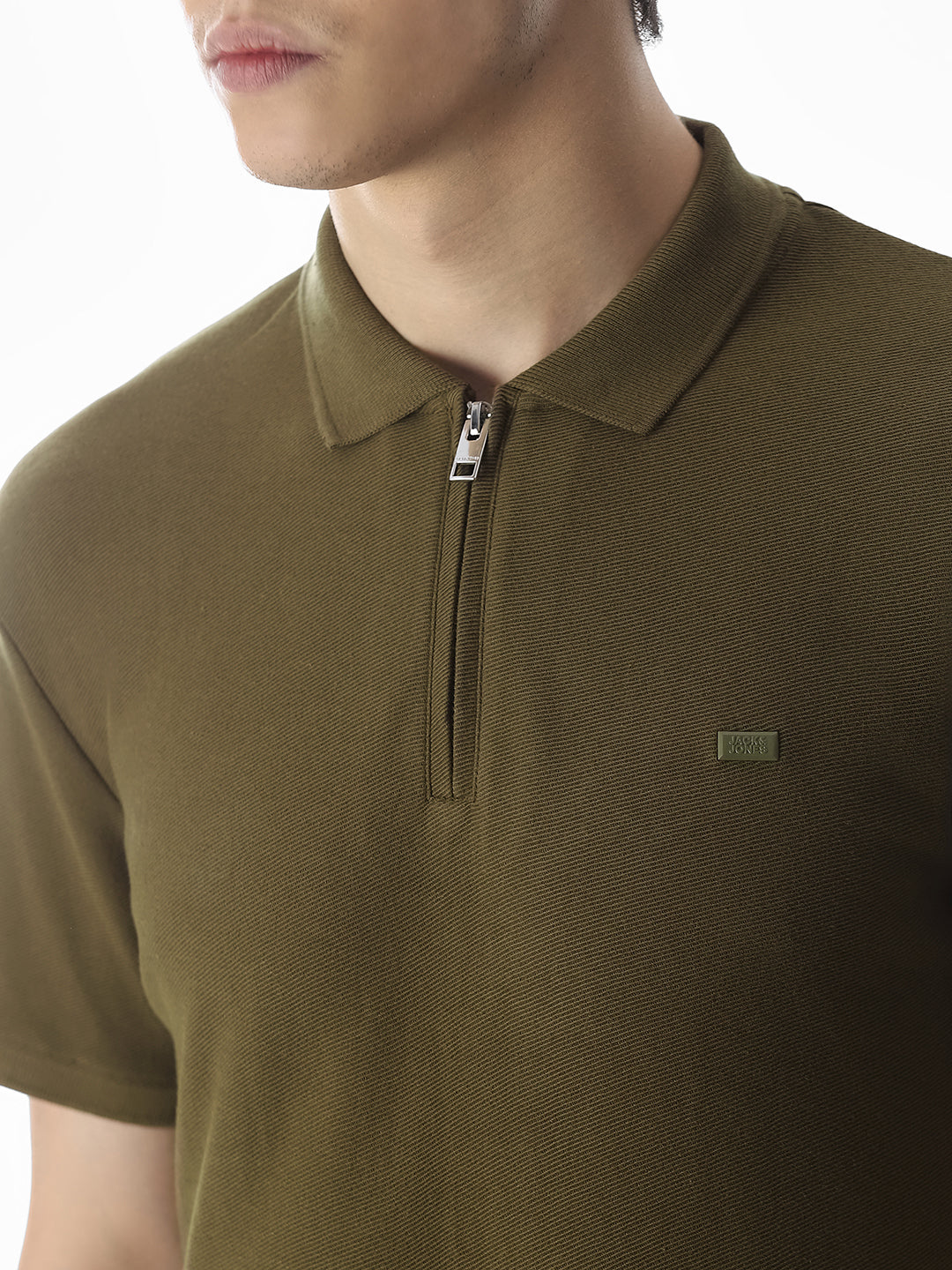 Zipper Detail Cotton Polo - Olive