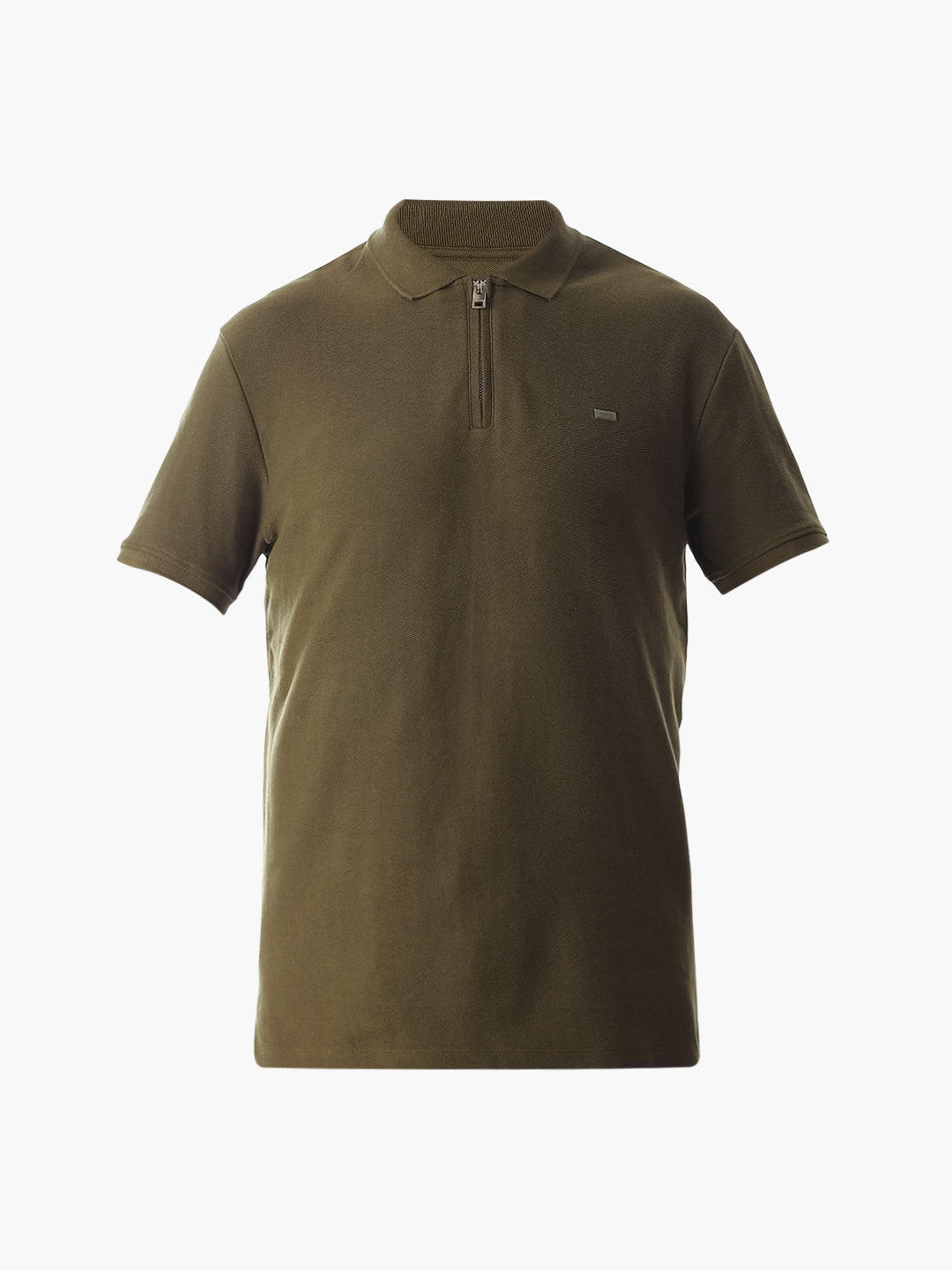 Zipper Detail Cotton Polo - Olive