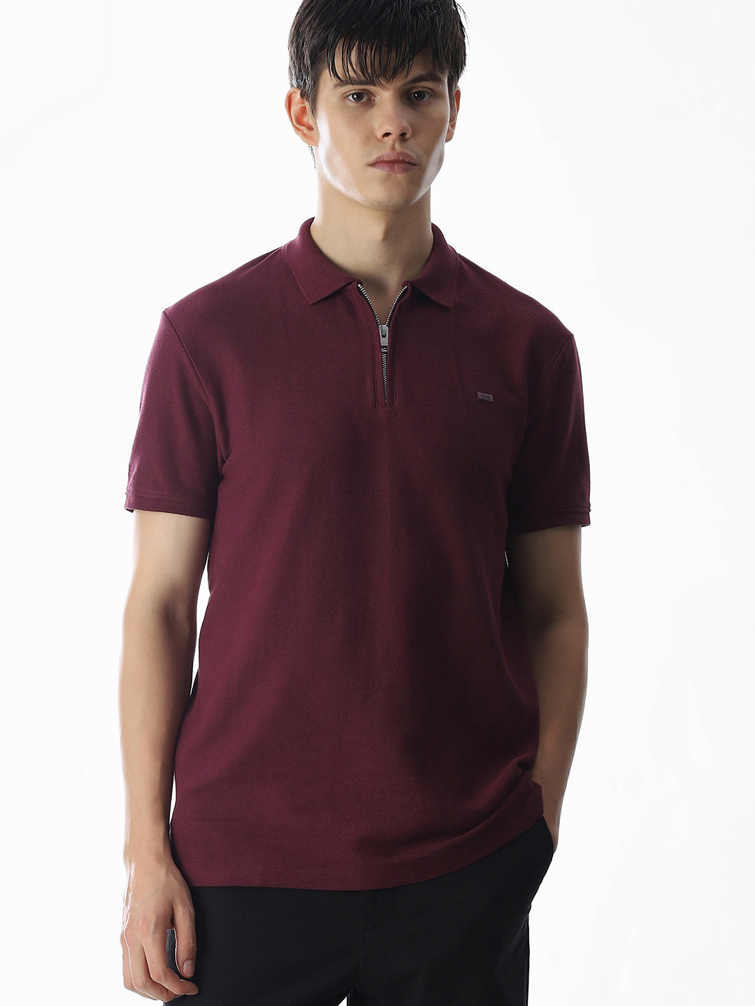 Zipper Detail Cotton Polo - Purple