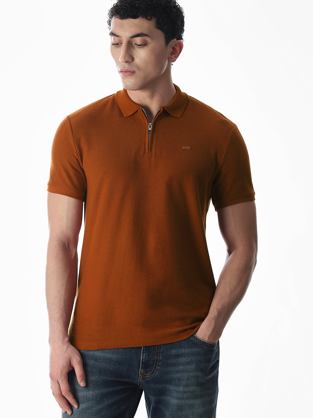 Zipper Detail Cotton Polo - Ginger Brown