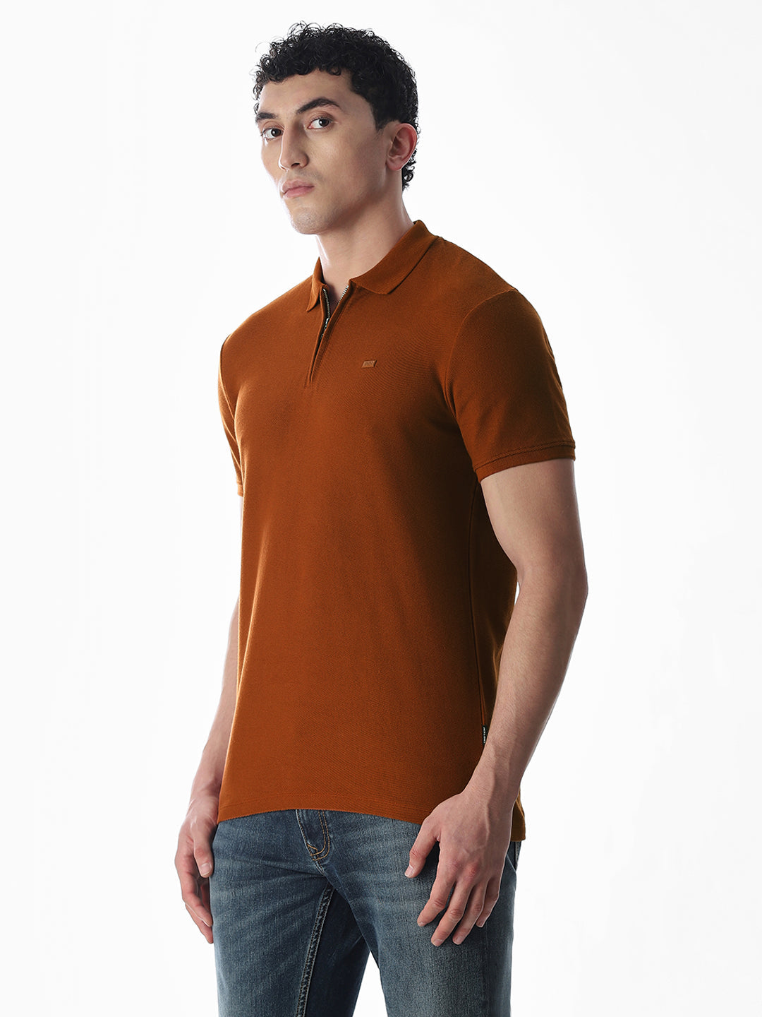 Zipper Detail Cotton Polo - Ginger Brown