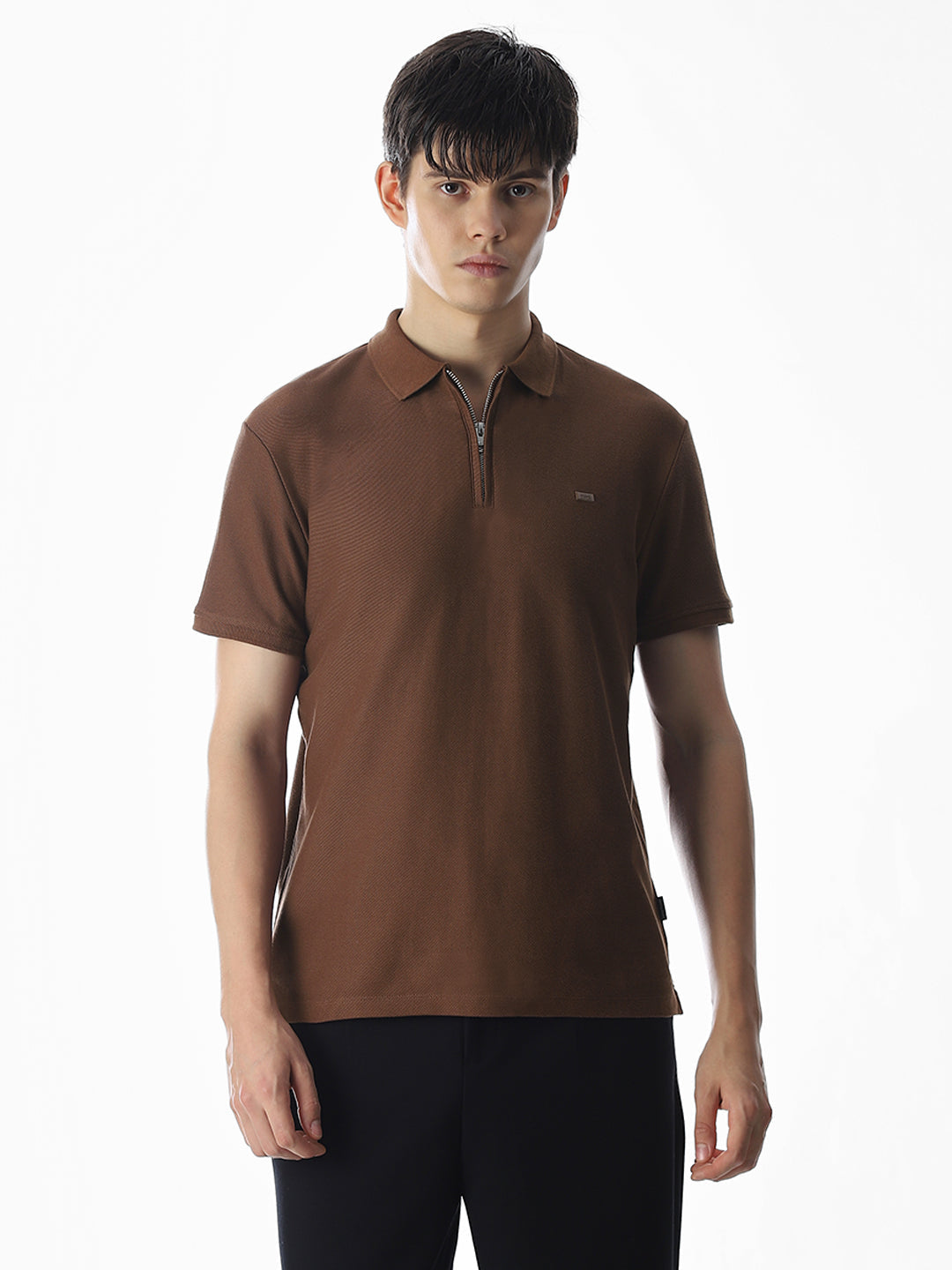Zipper Detail Cotton Polo - Dark Brown - S