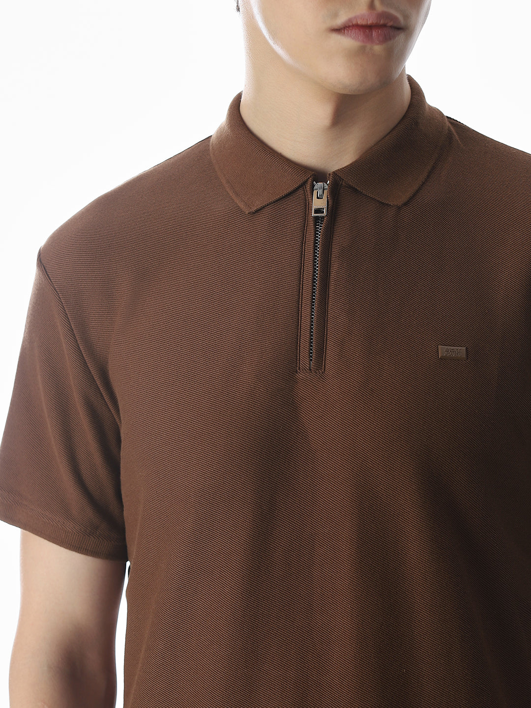 Zipper Detail Cotton Polo - Dark Brown