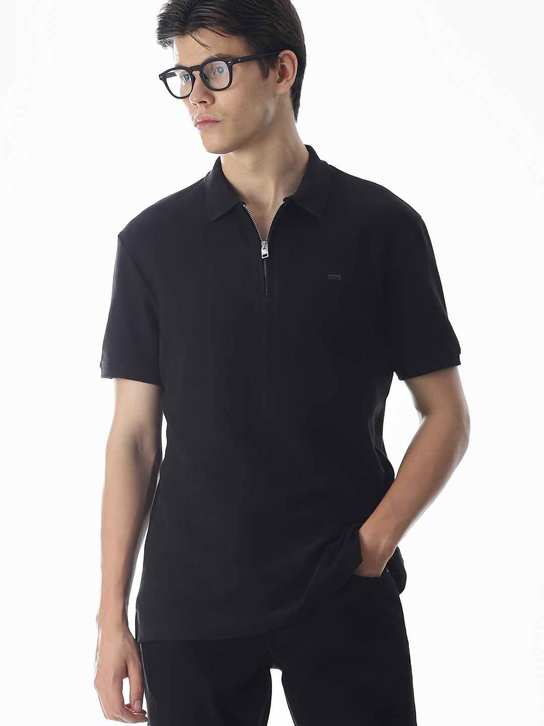 Zipper Detail Cotton Polo - Black