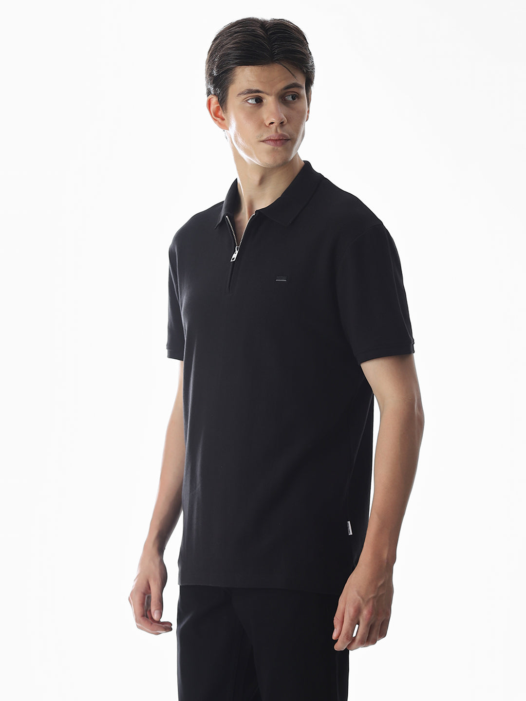 Zipper Detail Cotton Polo - Black