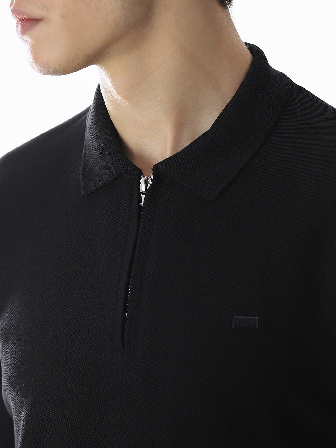 Zipper Detail Cotton Polo - Black