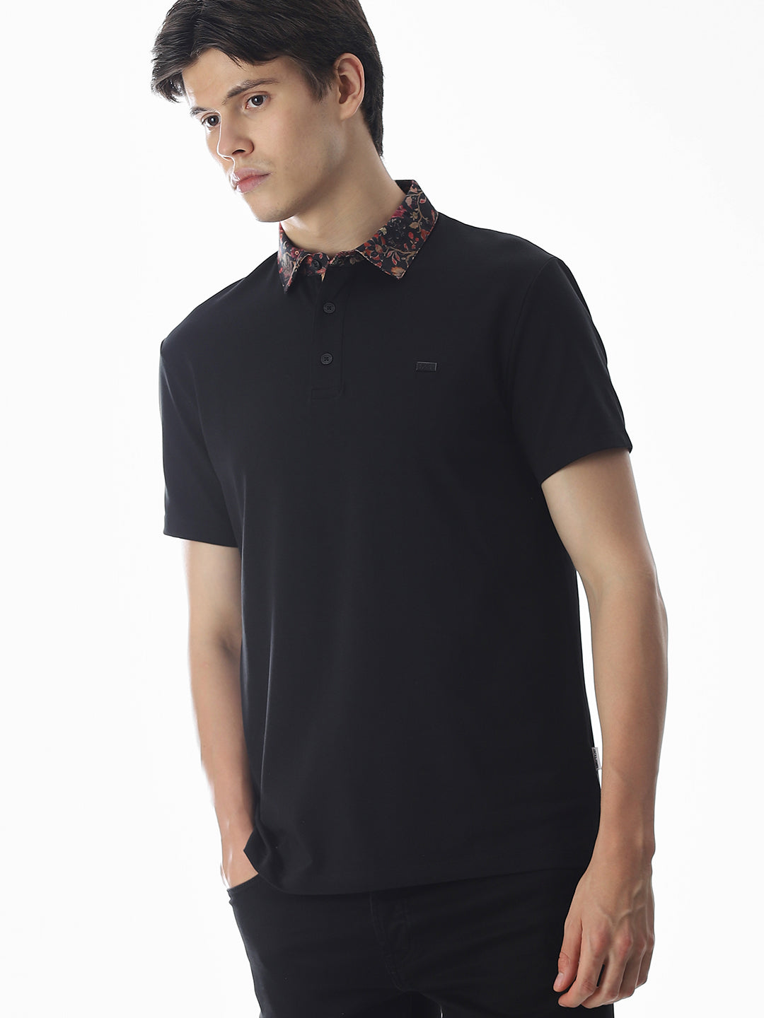 Printed Collar Regular Fit Polo - Black