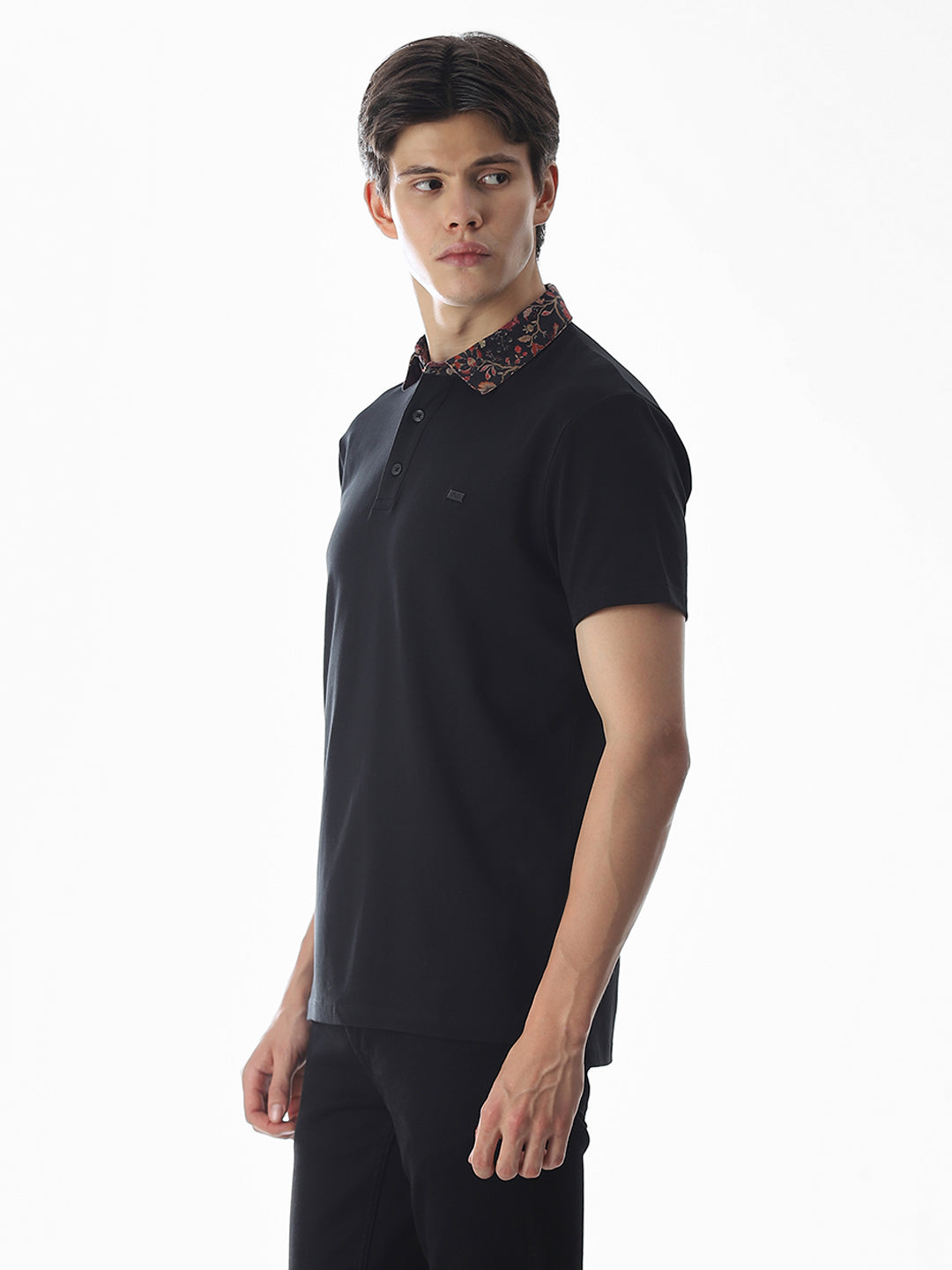 Printed Collar Regular Fit Polo - Black