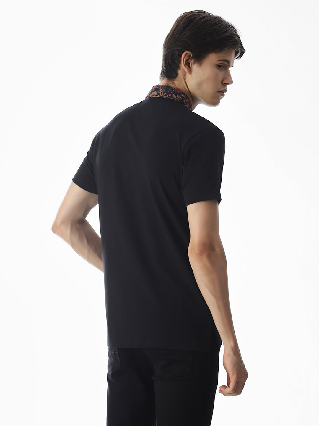 Printed Collar Regular Fit Polo - Black