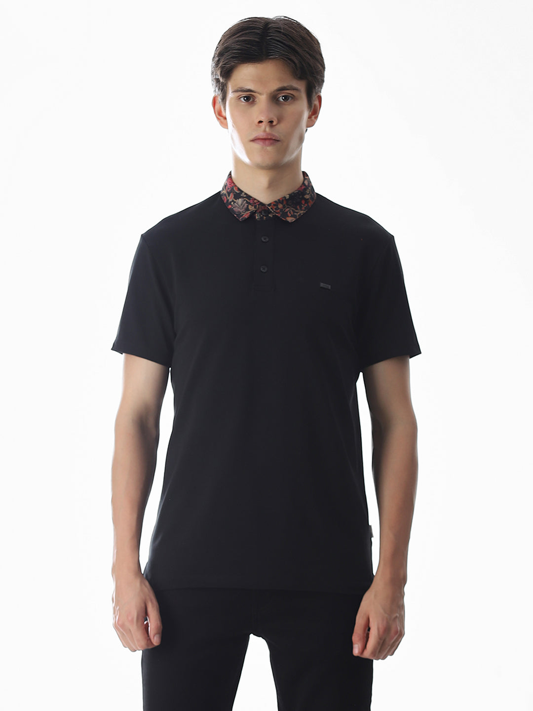 Printed Collar Regular Fit Polo - Black