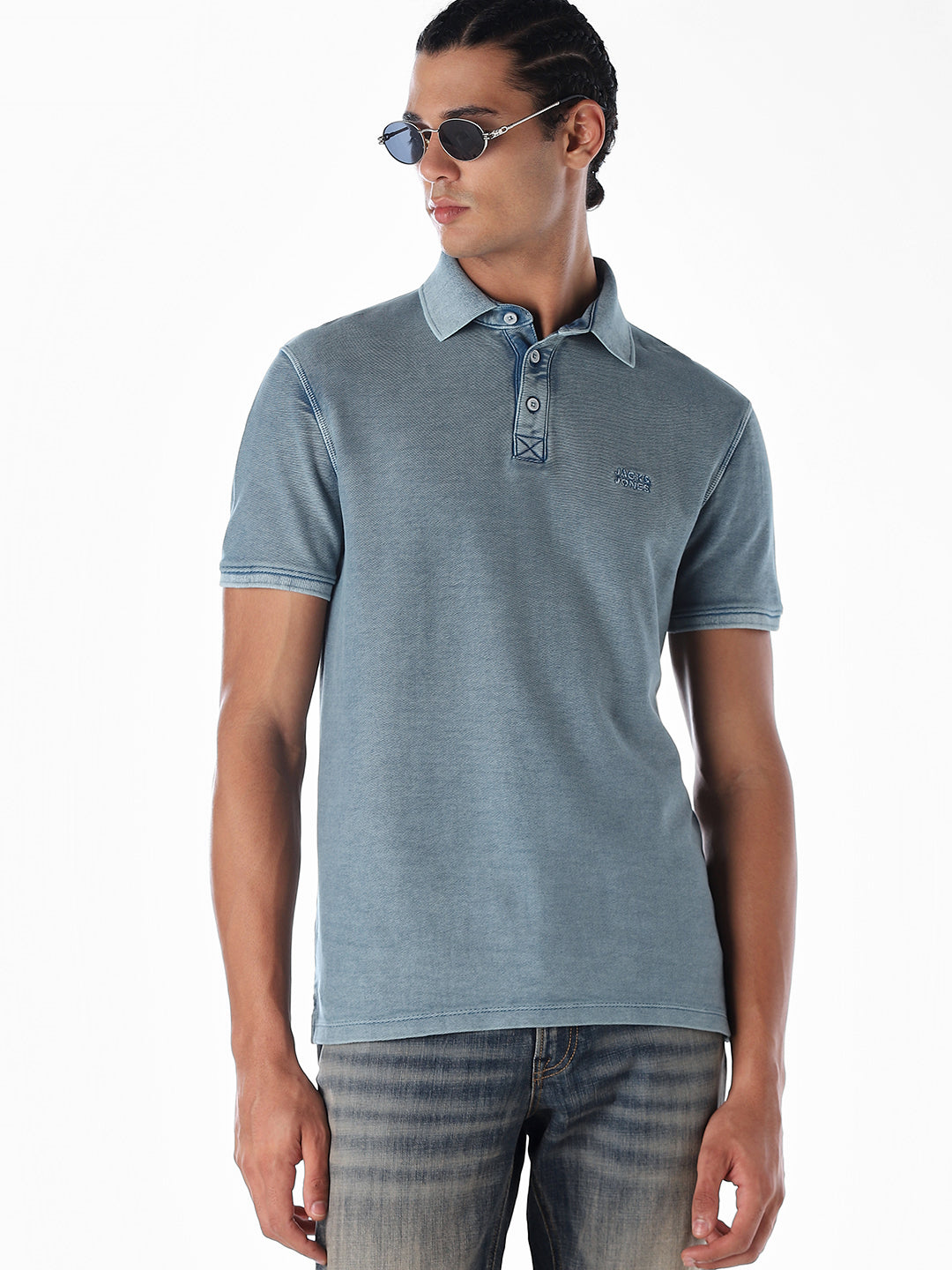 Acid Washed Cotton Polo - Blue - S