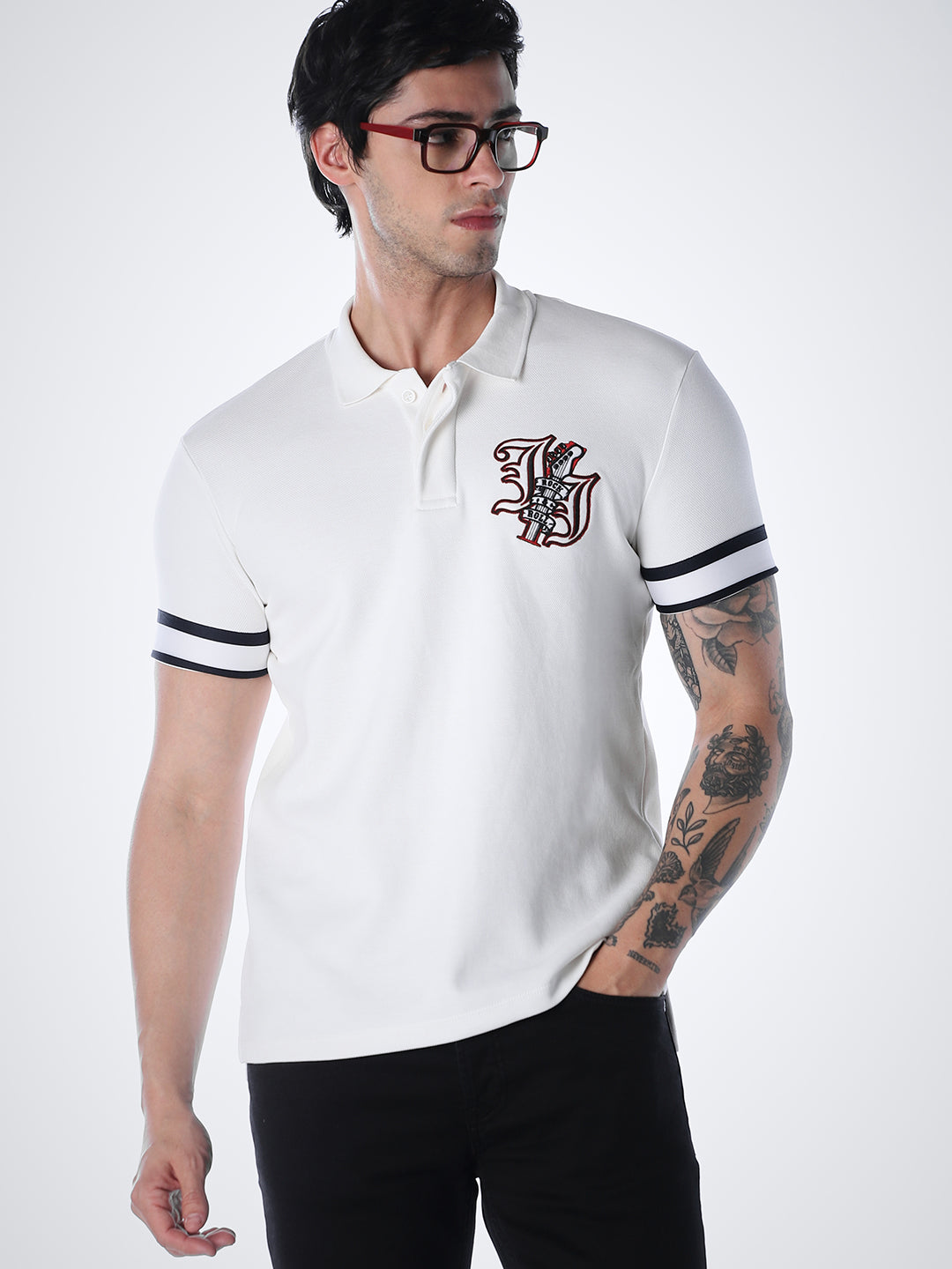 White Printed Polo