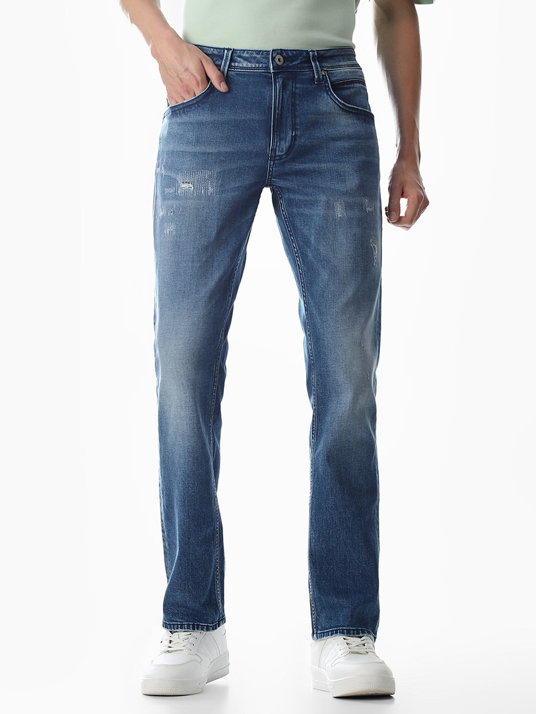 Distressed Clark Regular Fit Jeans - Medium Blue