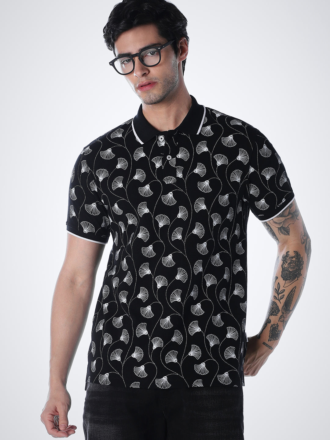 Black Printed Cotton Polo