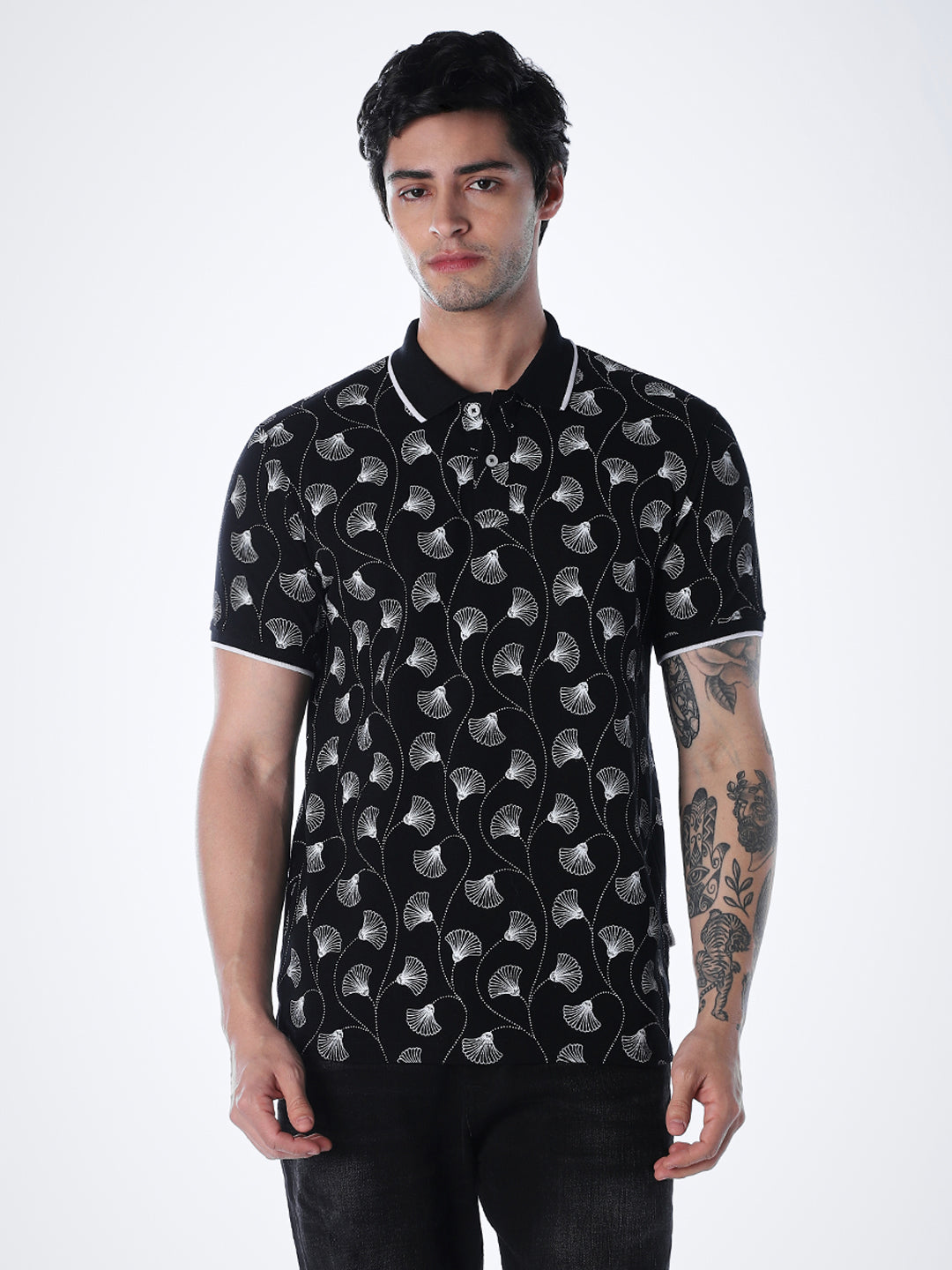 Black Printed Cotton Polo